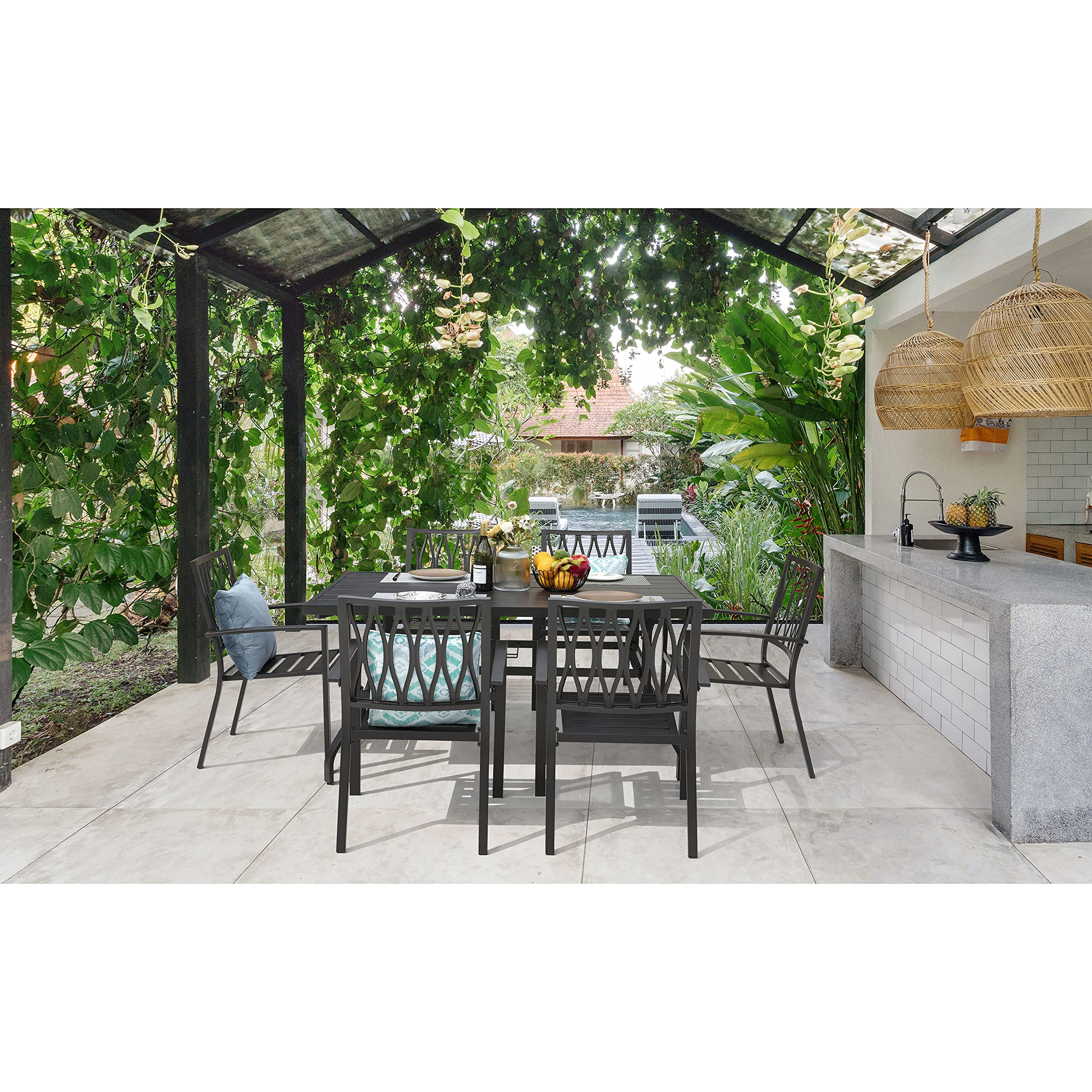 NUU GARDEN 6-Piece Outdoor Dining Chairs Set - Stackable Metal Patio Chairs for Backyard, Lawn, Deck, Poolside & Porch - Portable Bistro Chairs in Black - Perfect for Outdoor Entertaining, BBQs & Garden Parties