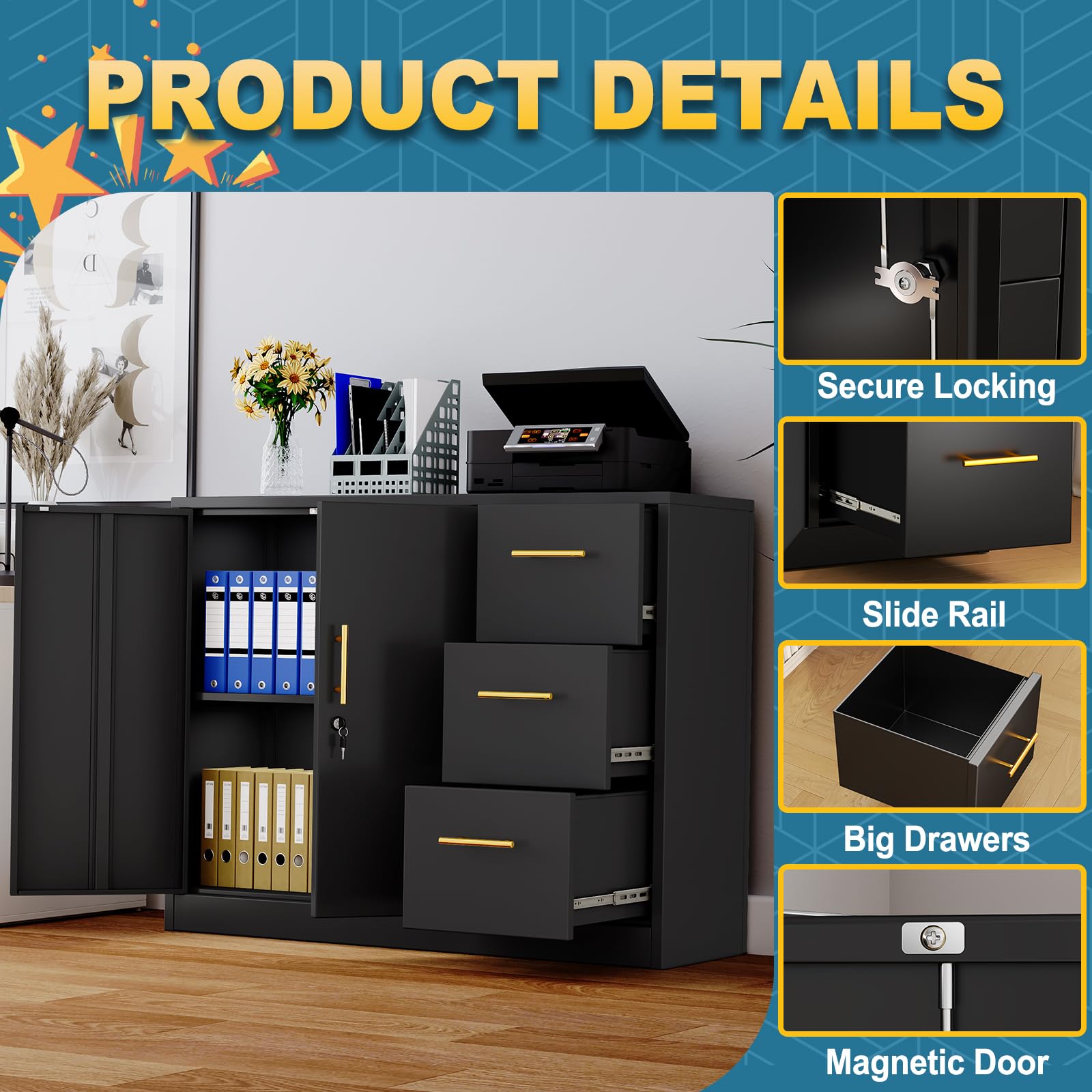 3-Drawer Lateral File Cabinet with Lock - Metal Storage Cabinet for Office, Home, Garage, School & Gym - Secure Document Organizer for Files & Supplies (Black) - Perfect for Workspaces, Storage Rooms & Home Offices