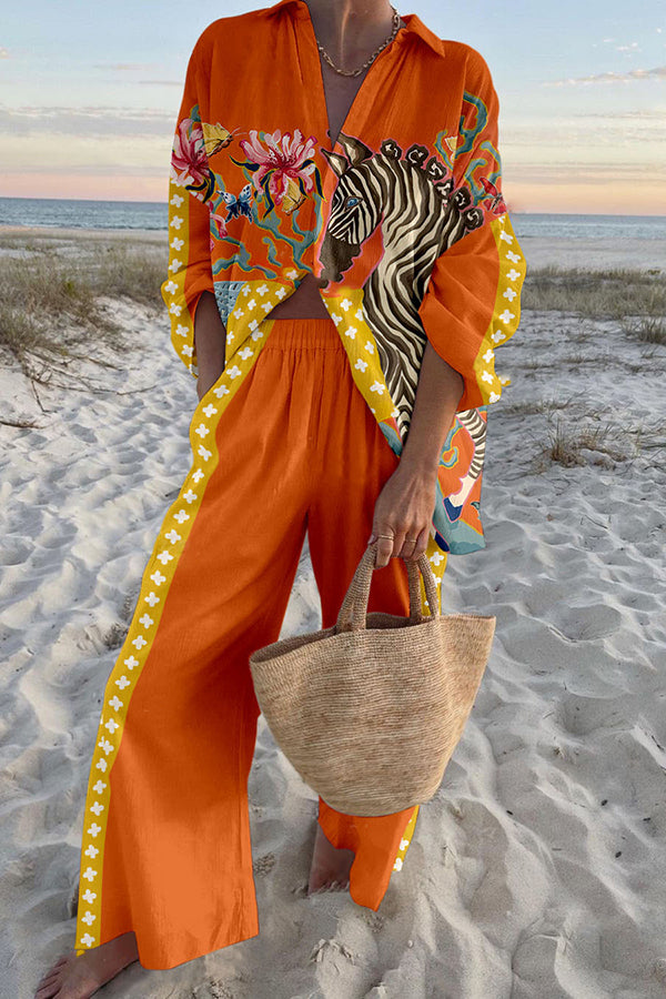 Stylish Zebra Print Oversized Shirt & Elastic Waist Pocket Pants Set - Women's Casual Outfit for Streetwear, Travel & Lounge Wear