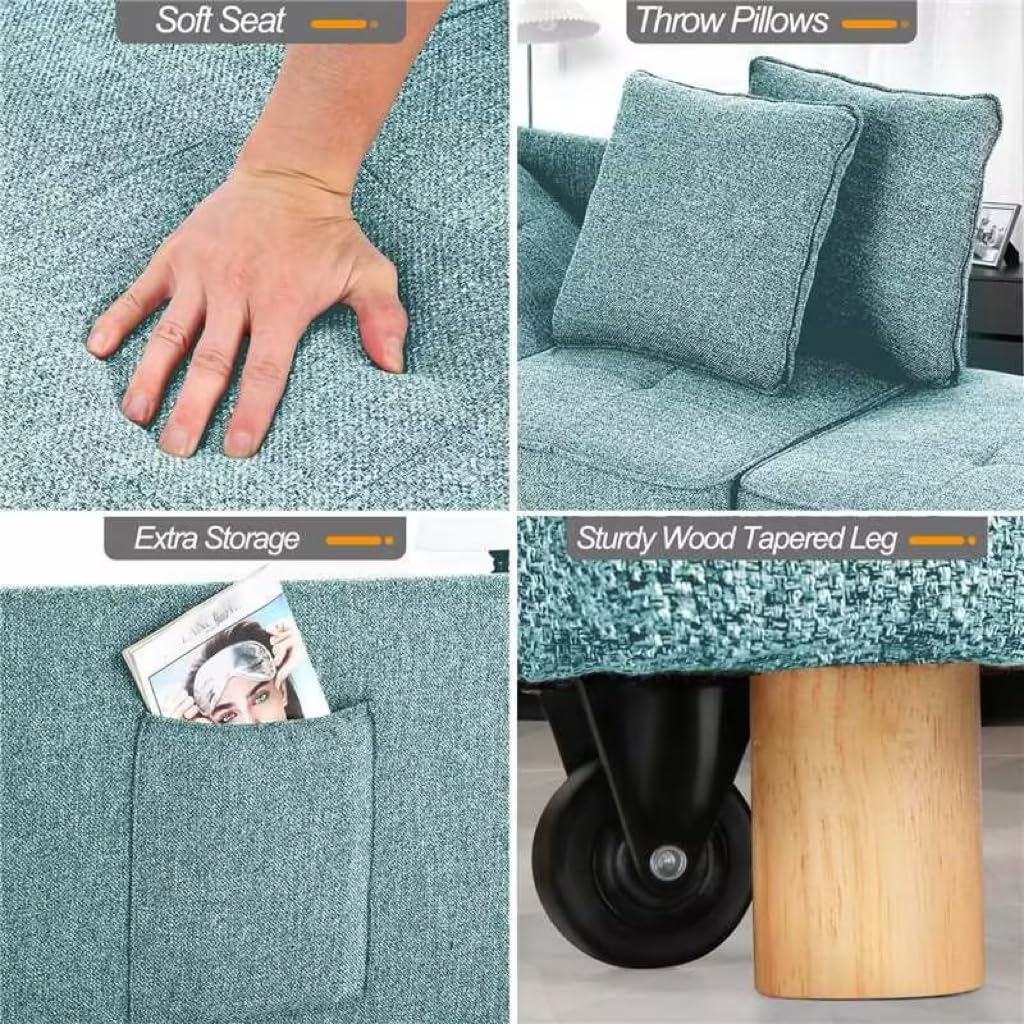 SEJOV 4-in-1 Convertible Sleeper Sofa Bed with Ottoman - Modern Blue Futon Couch with Adjustable Backrest, Armrests & 2 Pillows - Foldable Loveseat for Small Spaces, Apartments, Dorm Rooms & Home Offices - Perfect for Guest Sleeping, Lounging & Space Saving