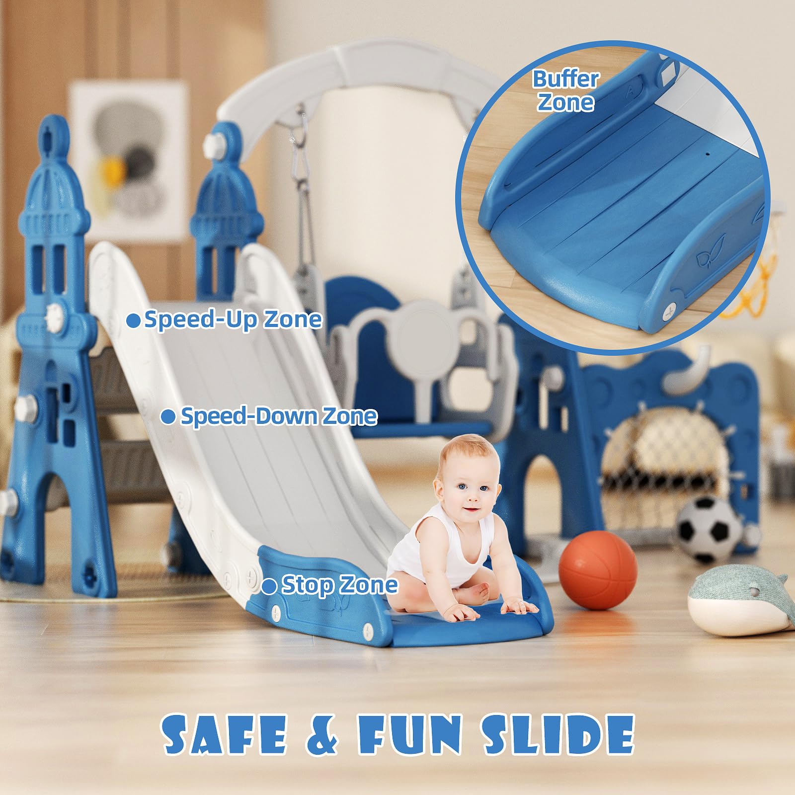 XJD 6-in-1 Toddler Slide and Swing Set for Kids Ages 1-3 - Outdoor Indoor Playground with Basketball Hoop, Football Frame & Swing - Blue | Perfect for Backyard, Garden, Nursery & Daycare Play Areas
