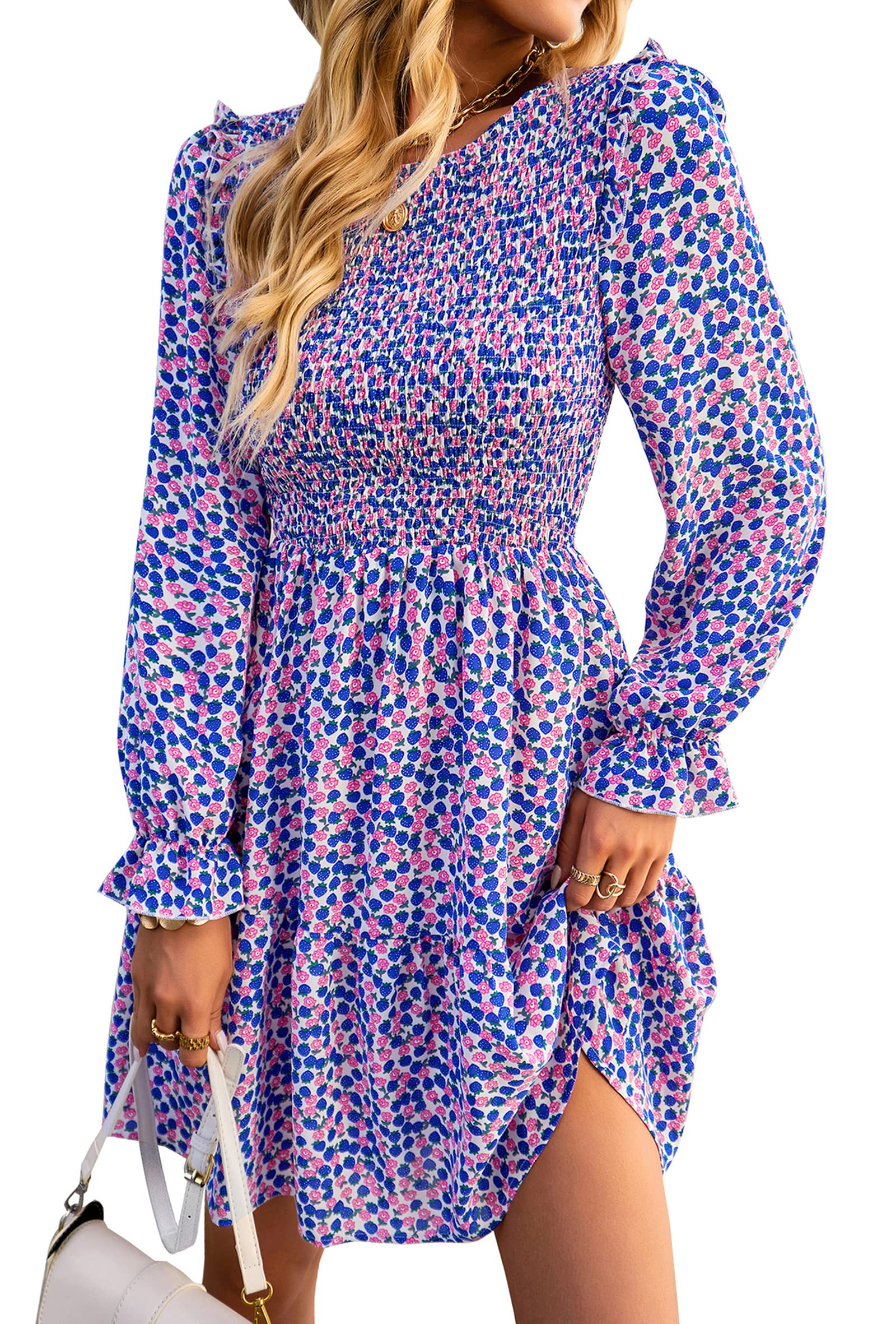 KIRUNDO Women's Floral Smocked Long Sleeve Ruffle A-Line Mini Dress - Spring Summer Party Dress 2025 | Flowy Crewneck Dress for Garden Party, Wedding Guest & Date Night Outfits
