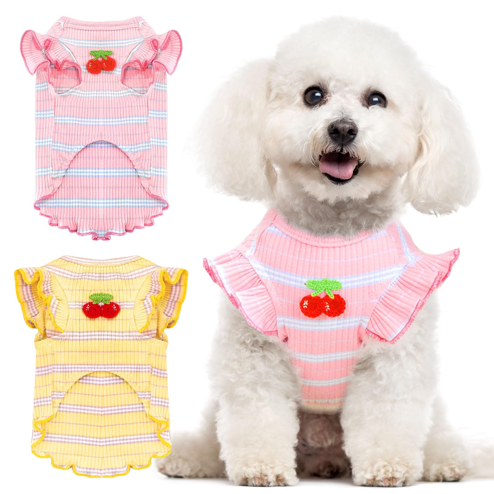 2 Pack Striped Small Dog T-Shirts - Cute Cherry Girl Pet Clothes for Small Dogs & Cats, Breathable Soft Cotton Sleeveless Vest, Spring Summer Puppy Outfits (Pink + Yellow, Medium) - Perfect for Daily Walks, Pet Parties & Photo Shoots