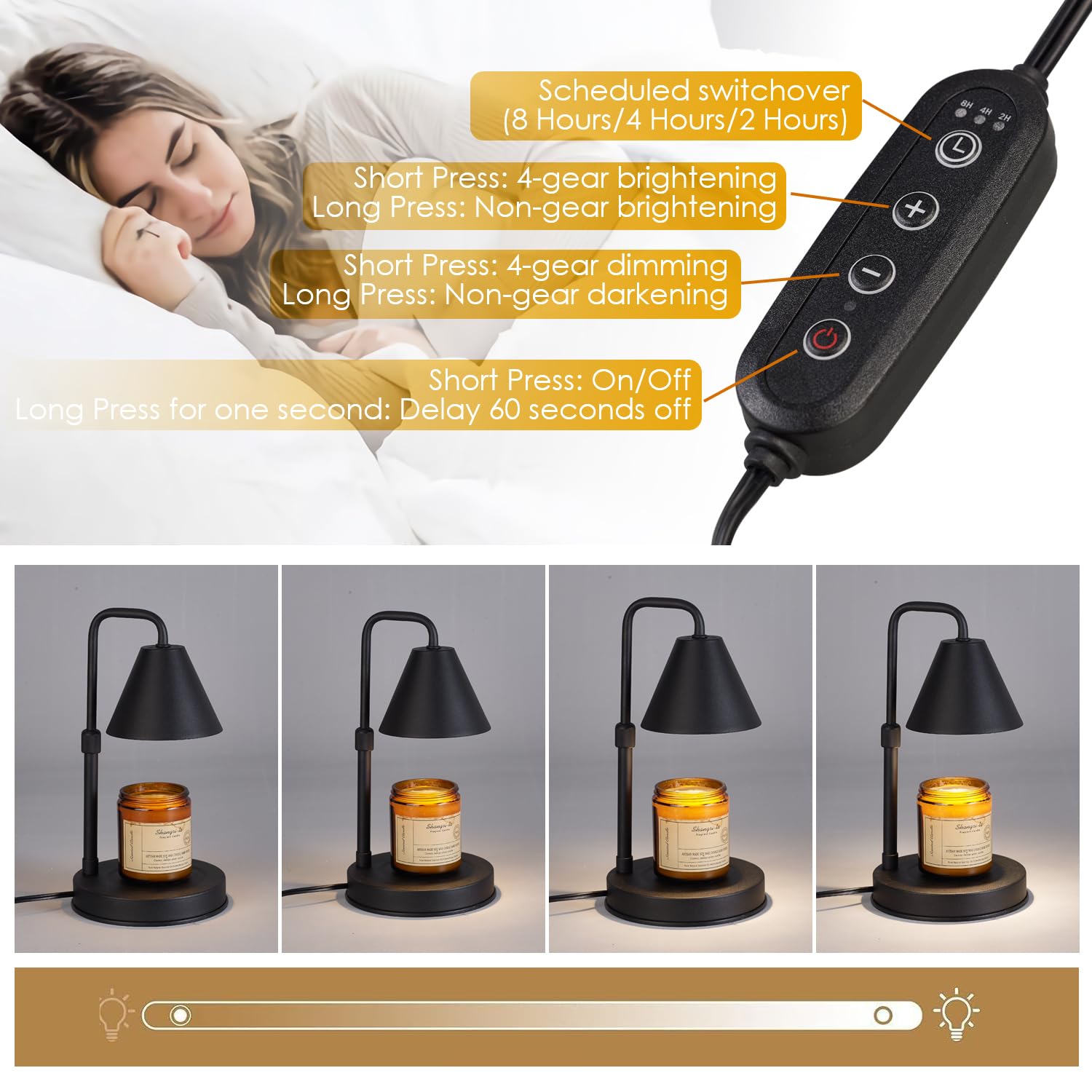 Dimmable Electric Candle Warmer Lamp with Timer & Adjustable Height - 2 Bulbs Included - Large Jar Candle Wax Warmer - Perfect for Home Decor, Romantic Ambiance & Gifts for Mom (Black)