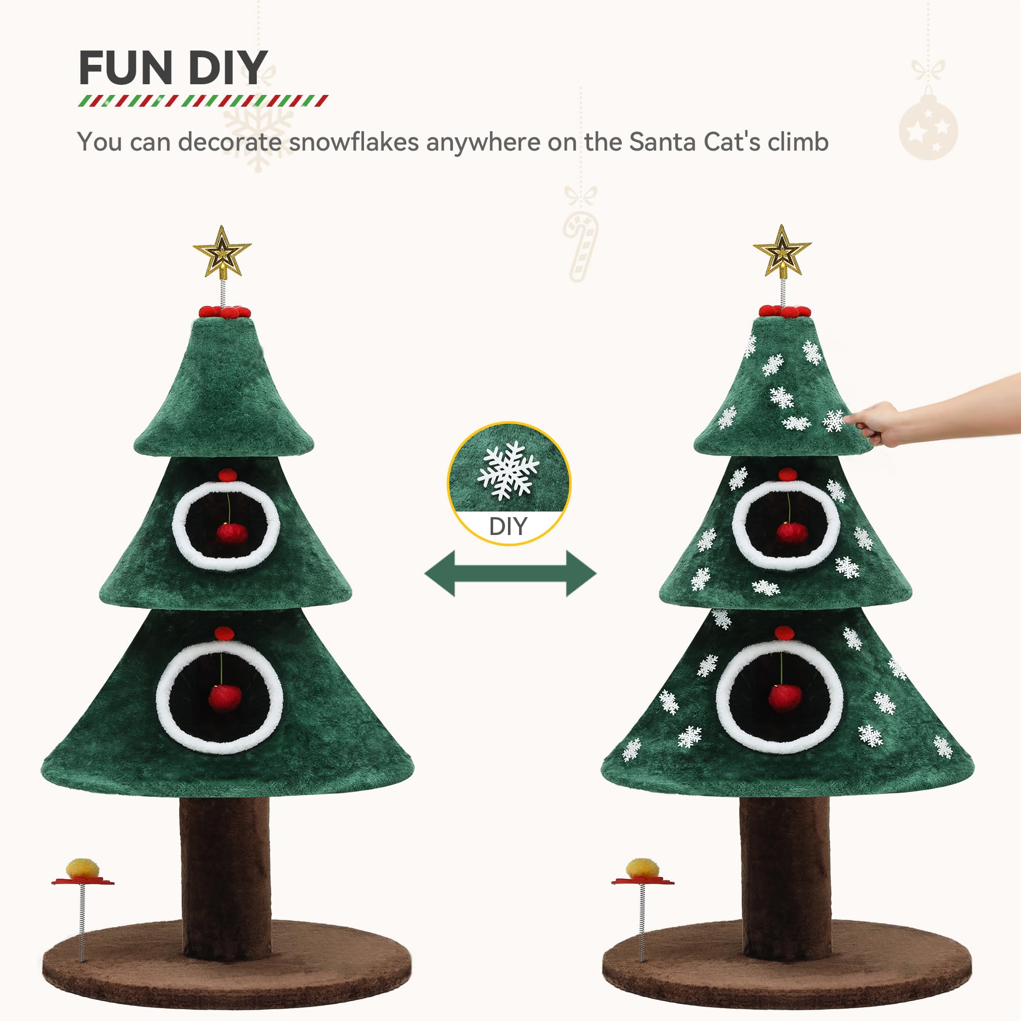 YITAHOME 52-inch Christmas Cat Tree with 2 Cozy Cat Houses - Indoor Cat Tower Furniture with Teaser Toy for Play & Holiday Decor - Perfect for Living Room, Bedroom & Christmas Gift for Cat Lovers