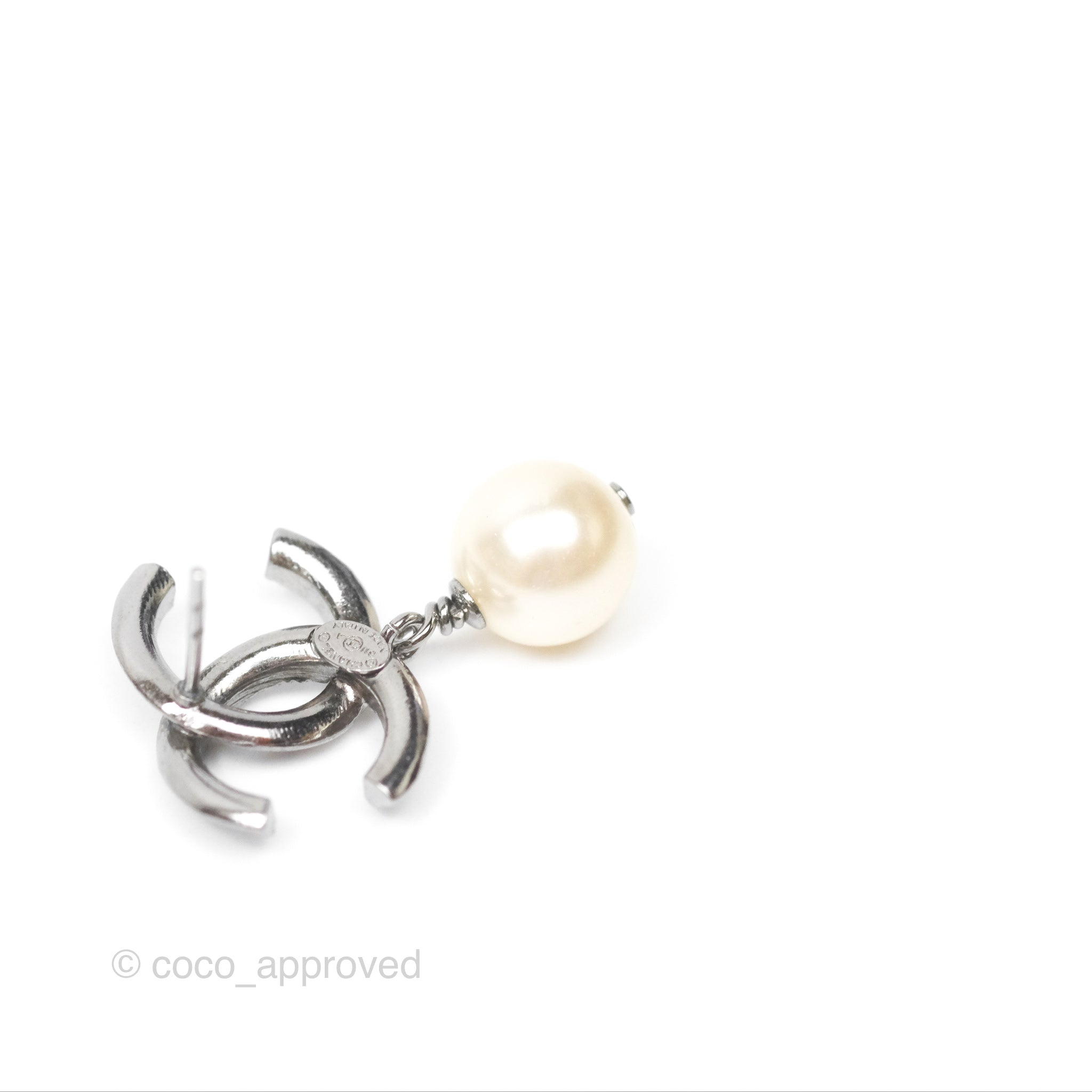Chanel CC Pearl Drop Earrings in Gun Metal - Elegant Luxury Jewelry for Women | Perfect for Parties, Weddings & Special Occasions