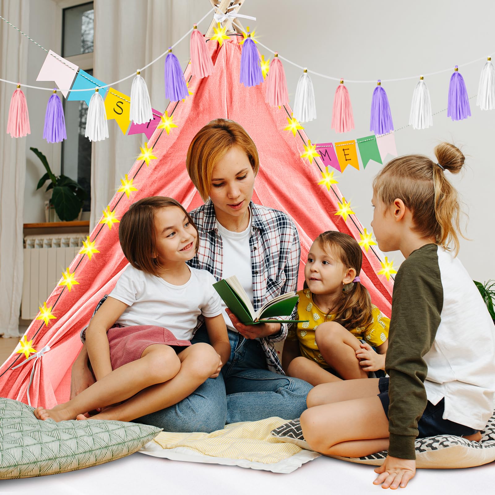 PLULON 4 Pack Pink Teepee Tent for Kids - Indoor Outdoor Play Tent with Inflatable Airbed & Decorations - Perfect for Girls Slumber Parties, Sleepovers, and Backyard Camping Adventures