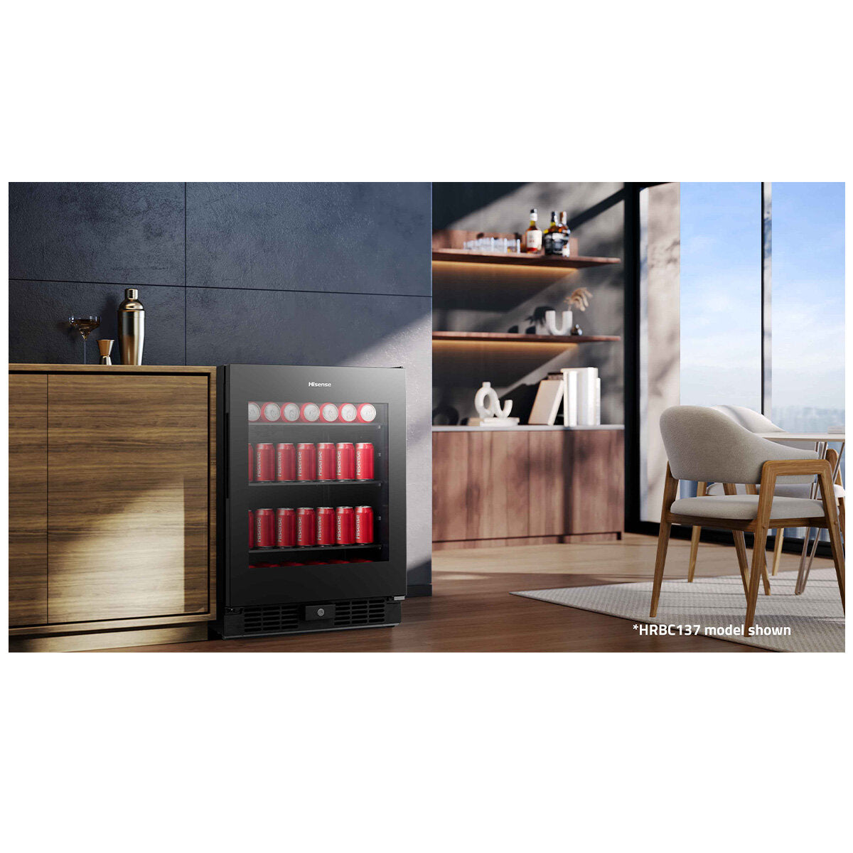 Hisense 140 Can Beverage Cooler HRBC137 - Energy Efficient Mini Fridge for Soda, Beer & Wine - Perfect for Home Bar, Office, or Man Cave (Black)