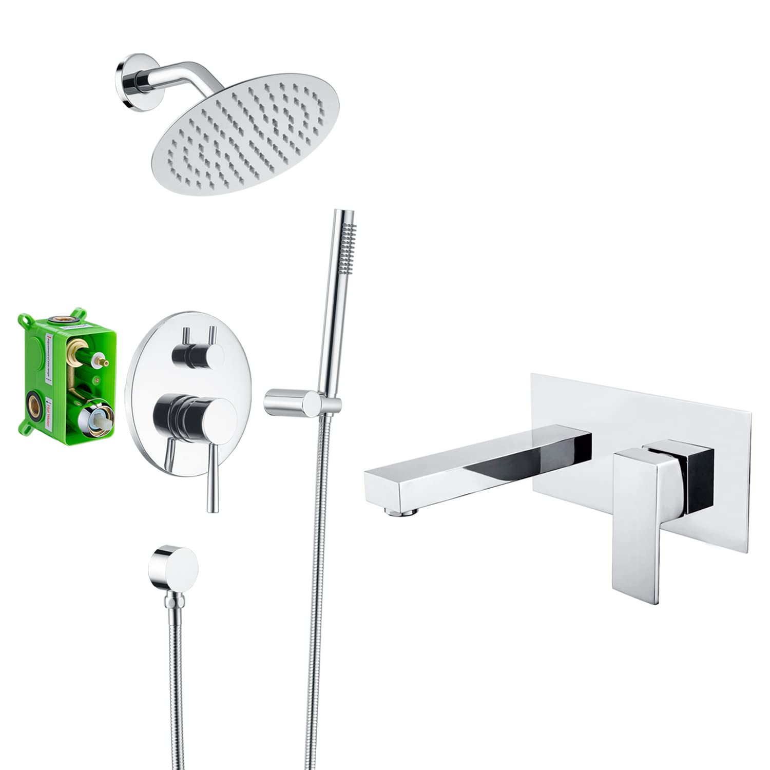 Rain Shower System S3223CI & Wall Mount Bathroom Sink Faucet S1389CI-V2 Set - Modern Bathroom Fixtures for Spa-Like Shower Experience & Elegant Vanity Upgrade