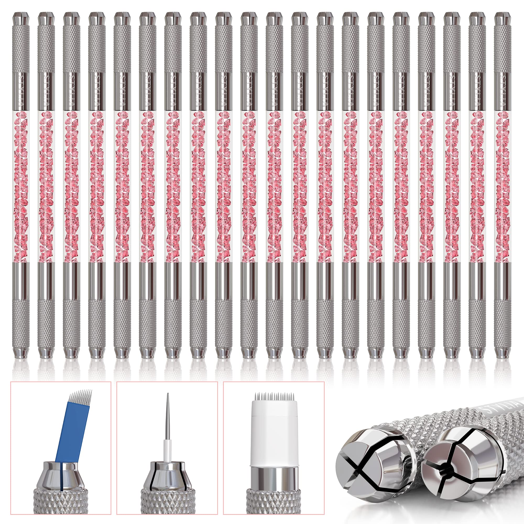 20-Piece Microblading Pen Kit for Permanent Makeup - Double Sided Manual Eyebrow Tattoo Tool with Durable Aluminum Body, Lock-Pin Technology & Ergonomic Grip - Perfect for Shaping, Defining and Filling Eyebrows at Home or Salon