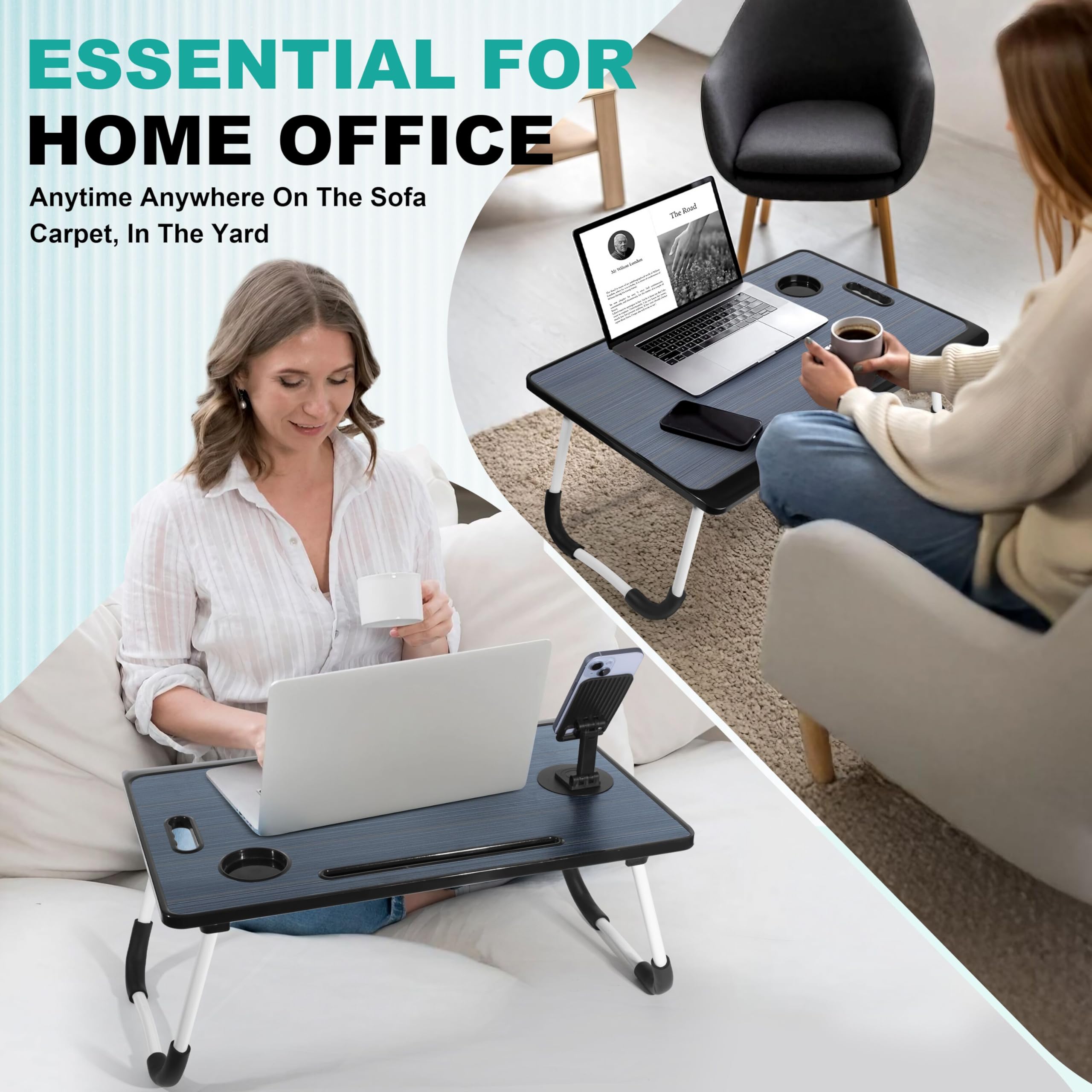4-in-1 Foldable Laptop Desk with Cup Holder & Tablet Slot - Portable Lap Desk for Bed, Couch, Office & Travel - Perfect for Breakfast, Reading, Writing & Working in Bed - Black