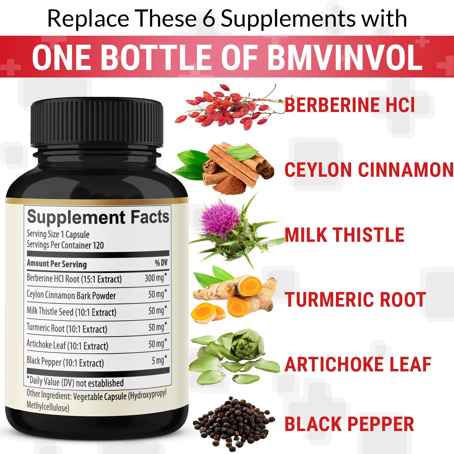 BMVINVOL 6-in-1 Berberine Supplement with Ceylon Cinnamon, Turmeric Root, Milk Thistle, Artichoke & Black Pepper - 120 Capsules (4 Month Supply) | Supports Digestive Health, Blood Sugar Balance & Liver Function | Ideal for Daily Wellness Routine & Natural Detox