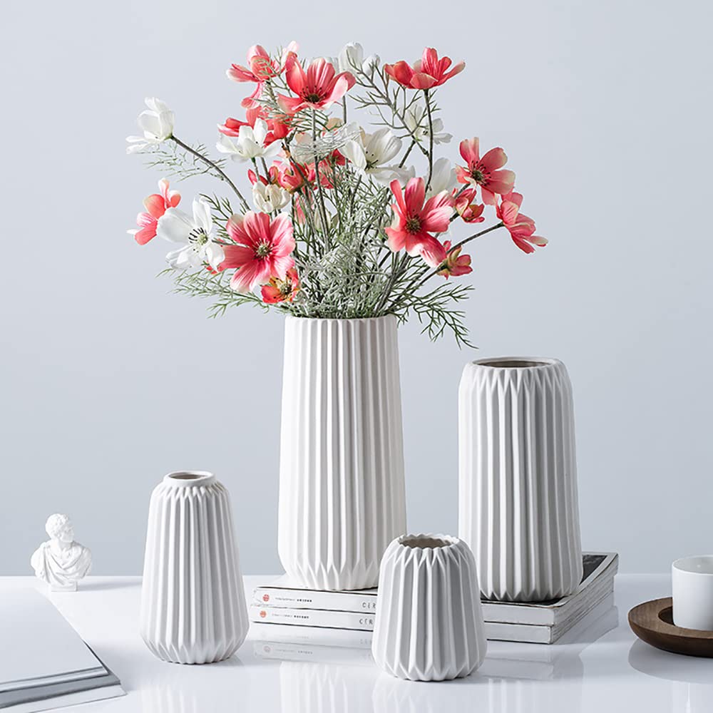 White Ceramic Vase Set - Small & Large Flower Vases with Wide Opening for Home & Office Decor | Modern Boho Cylinder Vases Perfect as Shelf Display, Table Centerpiece, Wedding & Event Decor (Set of 2)