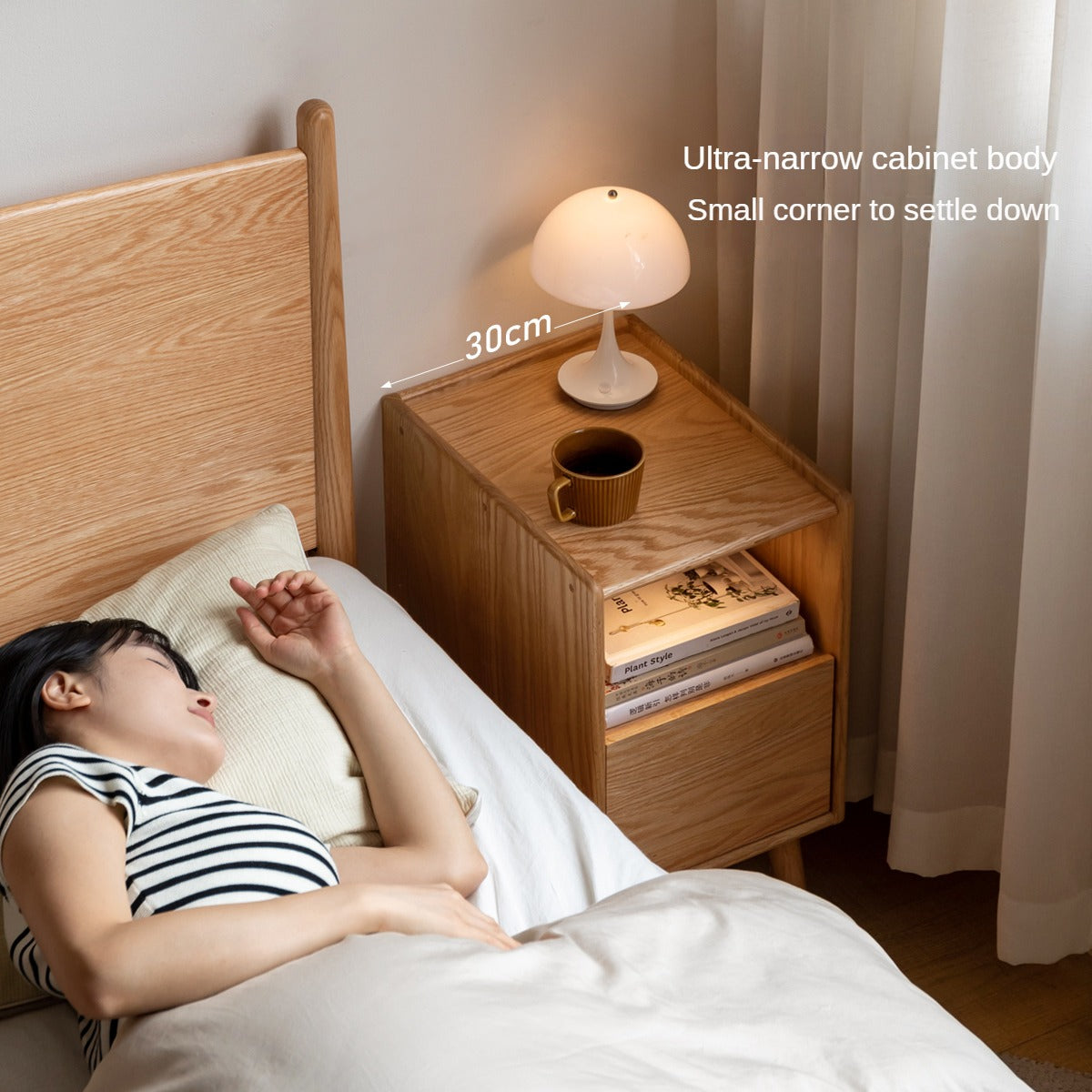 Solid Wood Ultra Narrow Nightstand - Oak, Rubber, Cherry - Perfect for Small Bedrooms, Apartments & Tight Spaces