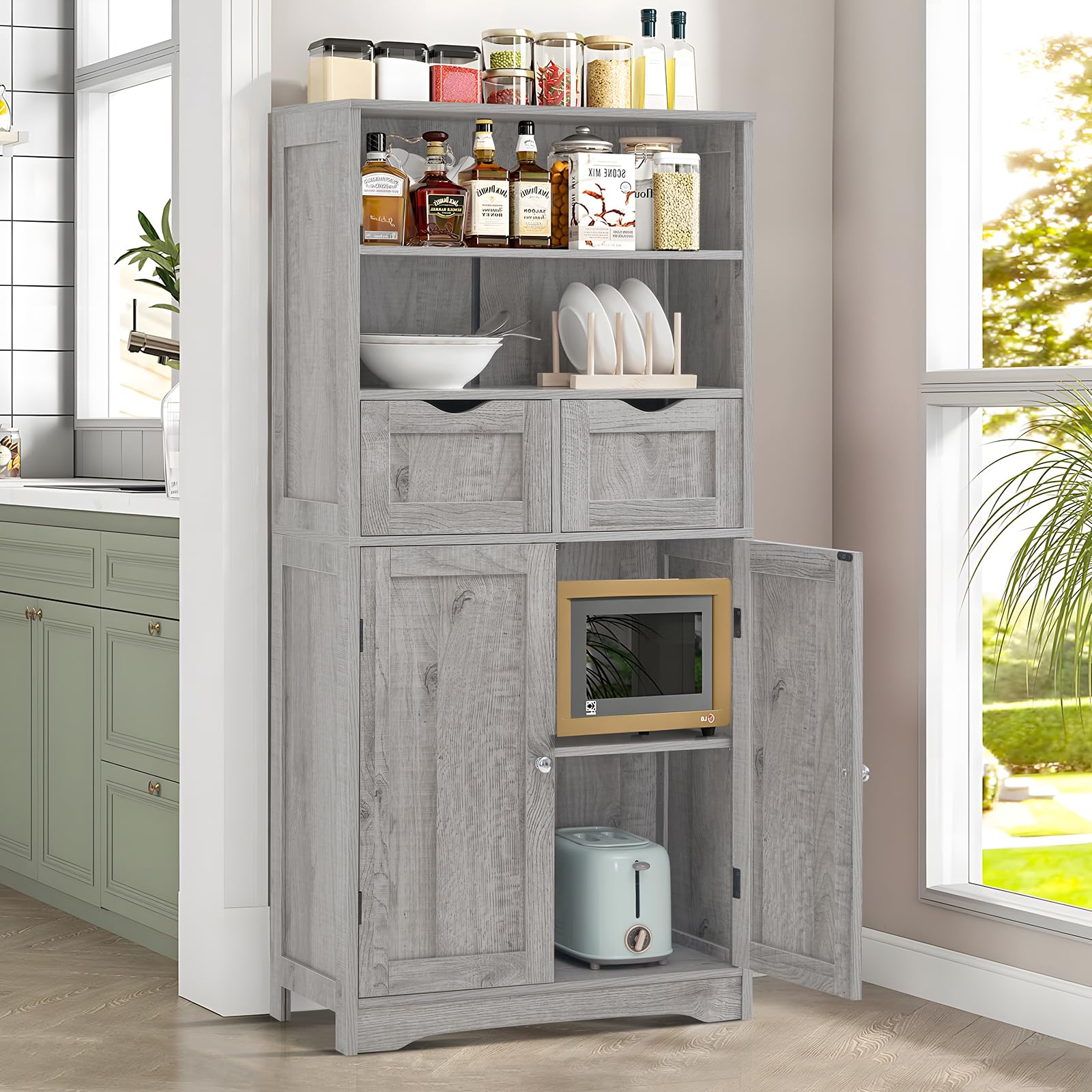 Iwell Tall Storage Cabinet with 2 Drawers & Adjustable Shelves - Bathroom Cabinet with Doors, Cupboard Organizer for Living Room, Dining Room, Entryway - Grey - Perfect for Home Organization & Small Space Storage Solutions