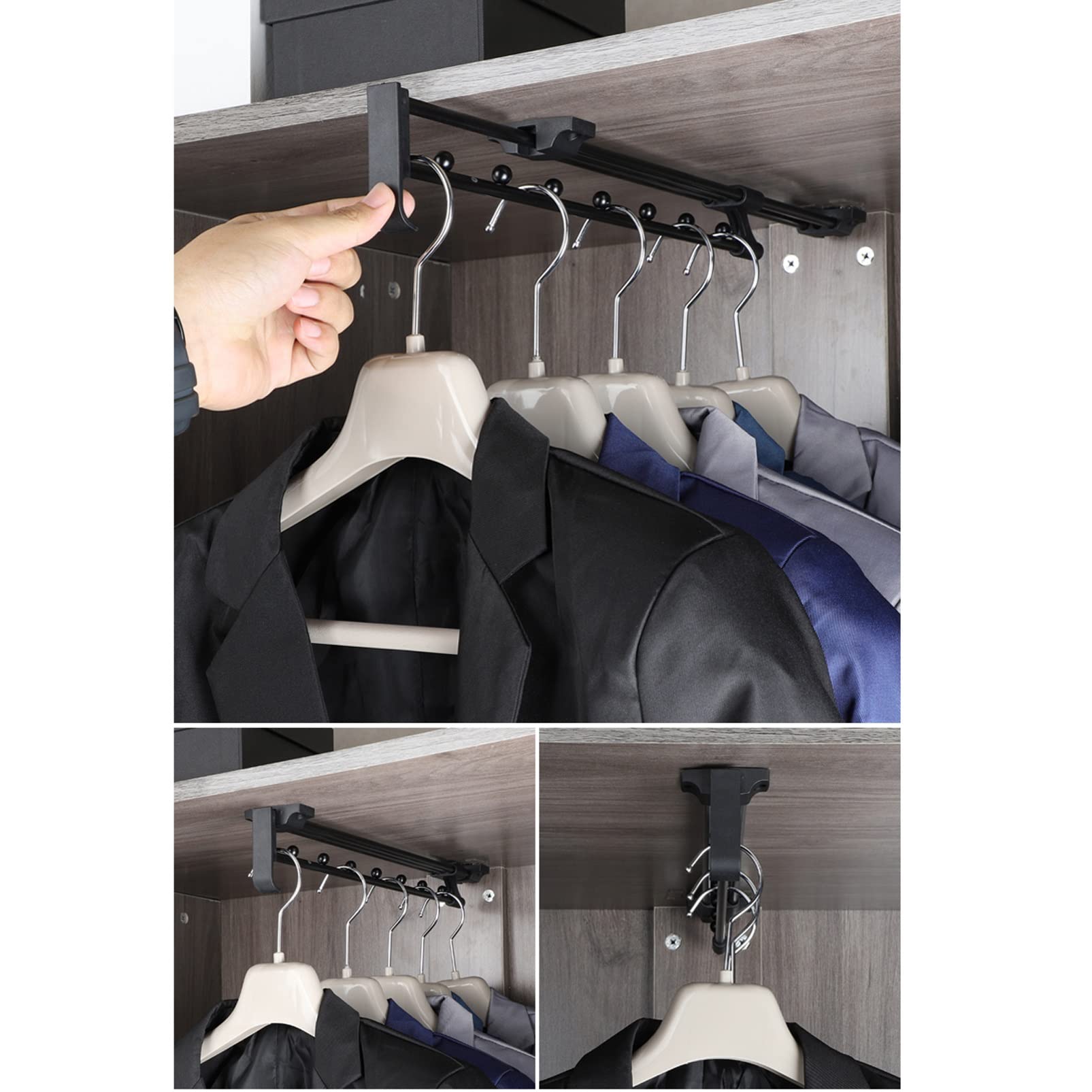Heavy Duty Extendable Pull Out Closet Rod - Adjustable Sliding Wardrobe Organizer, Clothing Hanger Rack Bar (Black, 45cm) - Perfect for Bedroom Closets, Walk-in Wardrobes & Small Space Storage Solutions