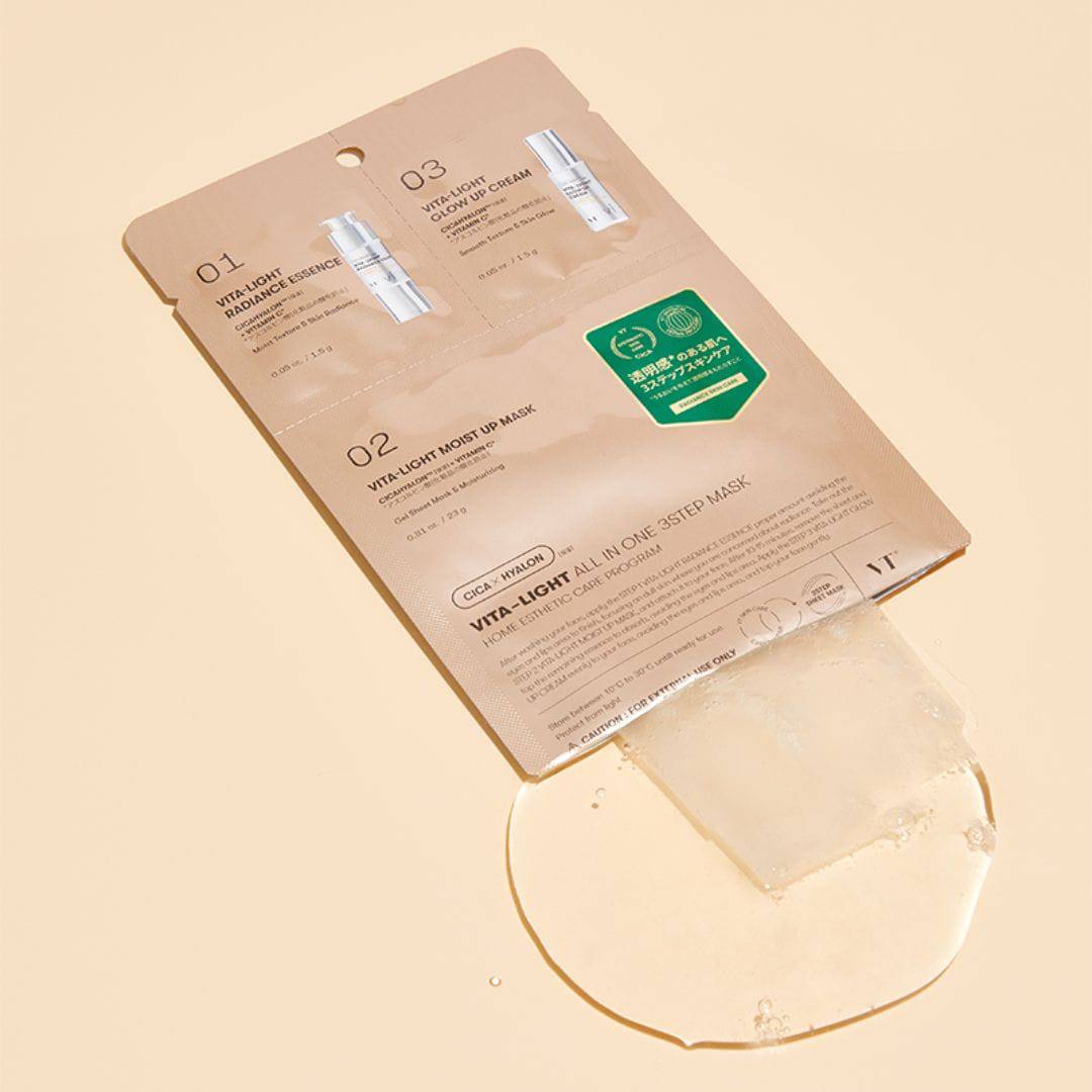 VT CICA Vita Light All-in-One 3-Step Korean Skincare Mask Set - Brightening, Hydrating & Soothing Facial Treatment for Glowing Skin - Perfect for Night Routine, Spa Day & Self-Care
