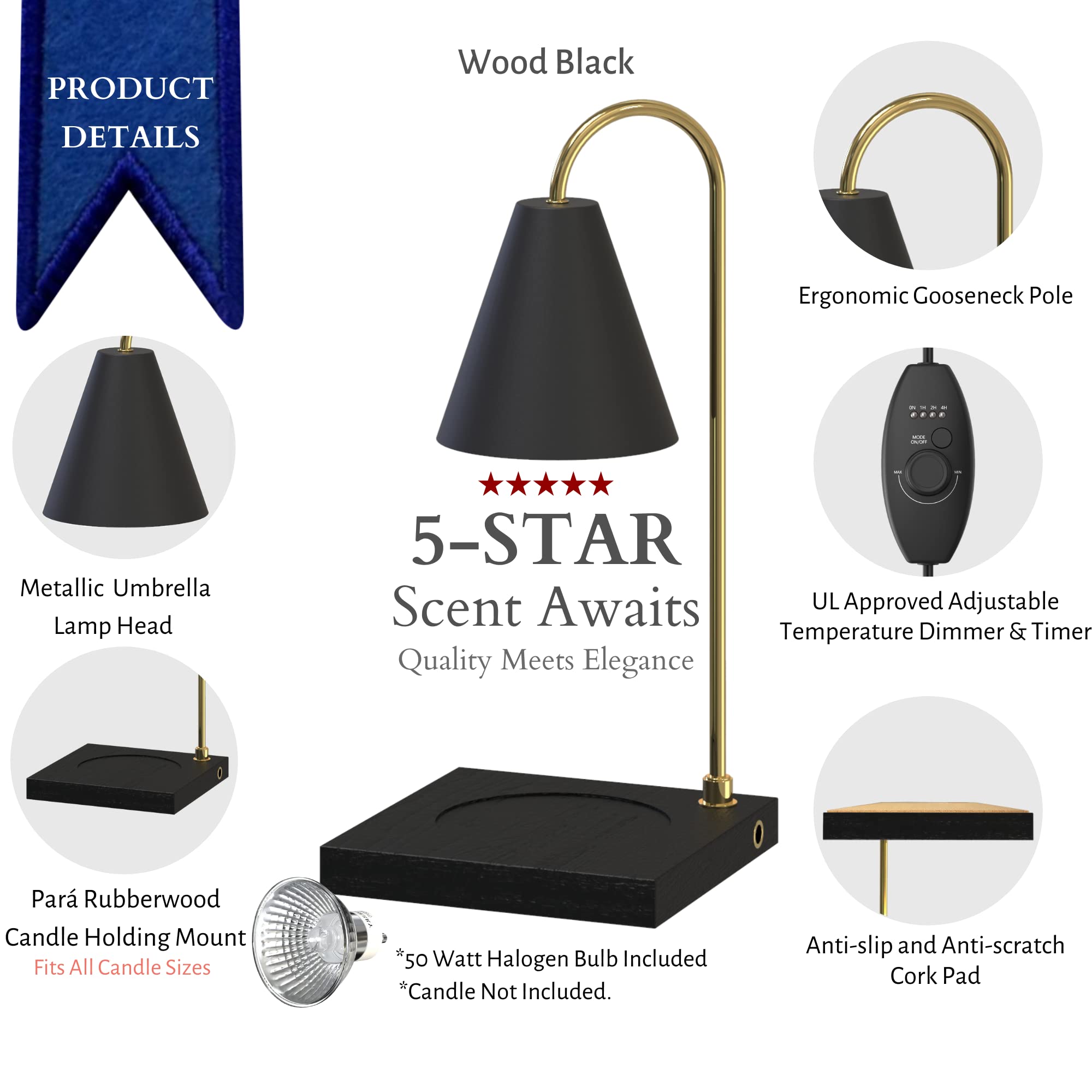 CozyBerry® Dimmable Candle Warmer Lamp with Timer - Compatible with Yankee Candle Large Jars & Wax Melts - Wood Black Candle Melter for Home, Office, Bedroom, Spa & Gift Giving