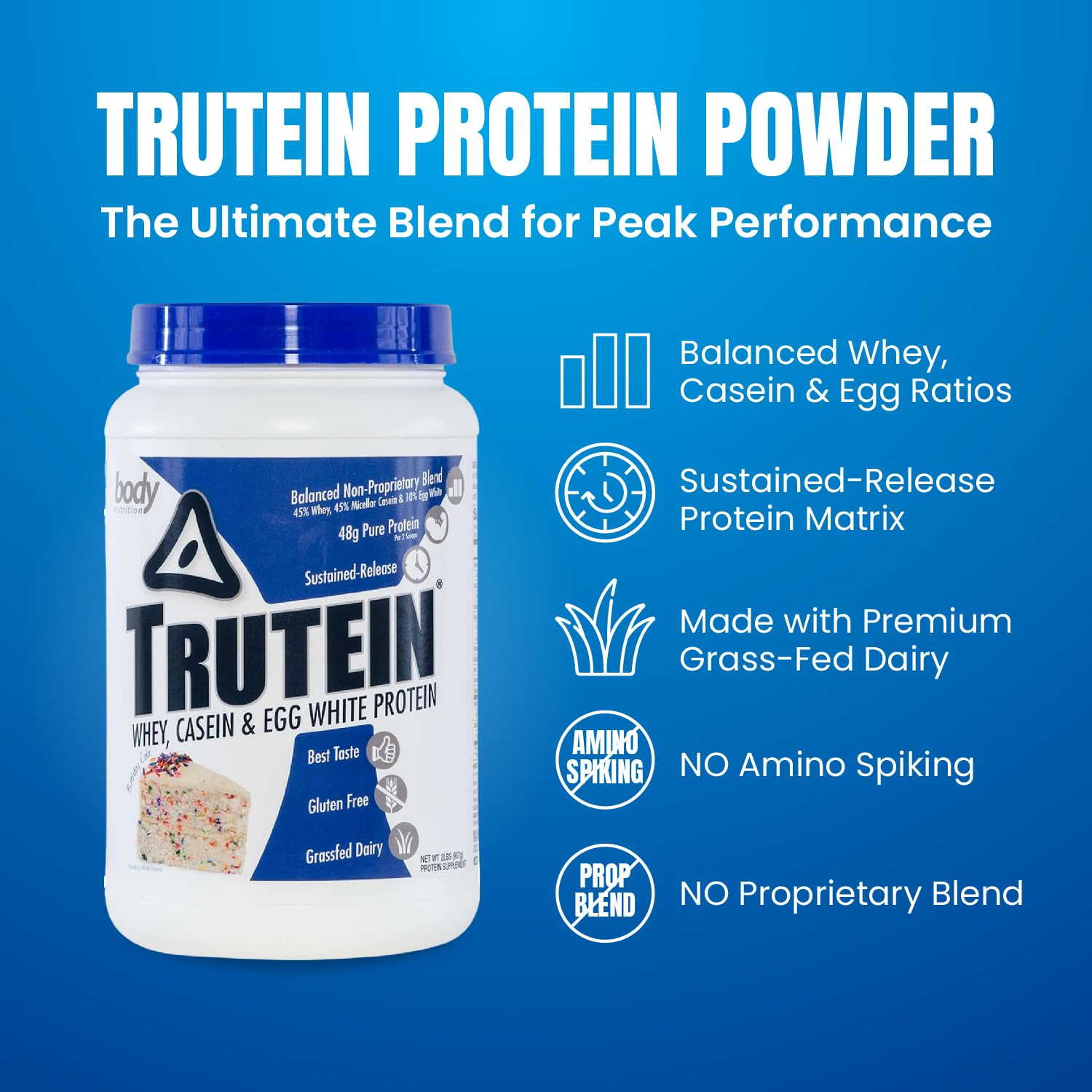 Trutein High Protein Powder - 45% Whey, 45% Casein, 10% Egg White Protein Shake Mix | Gluten-Free, Low Sodium, Low Carb Protein Supplement for Men & Women | Birthday Cake Flavor, 2lb | Perfect for Post-Workout Recovery & Muscle Growth