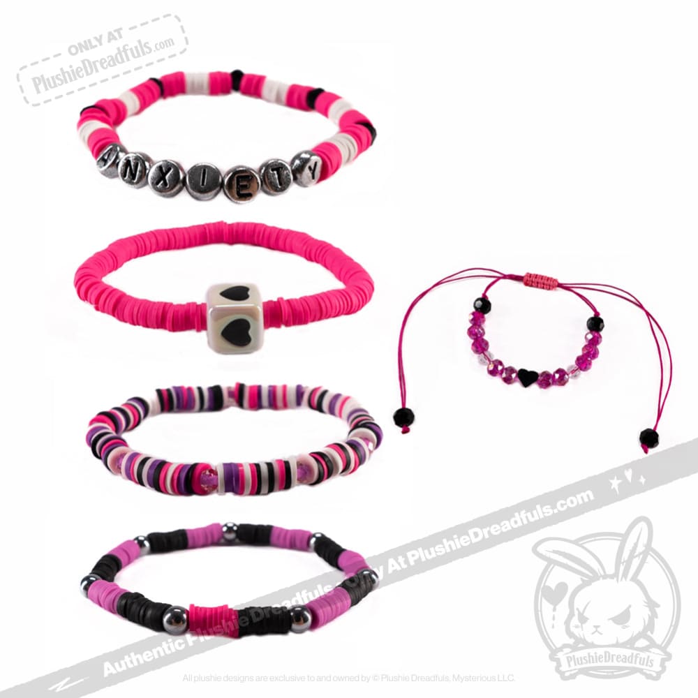 Plushie Dreadfuls Pink Anxiety Rabbit Stacking Friendship Bracelet - Cute Stress Relief Gift for Women, Girls | Anxiety Awareness, Self-Care, BFF Matching Jewelry