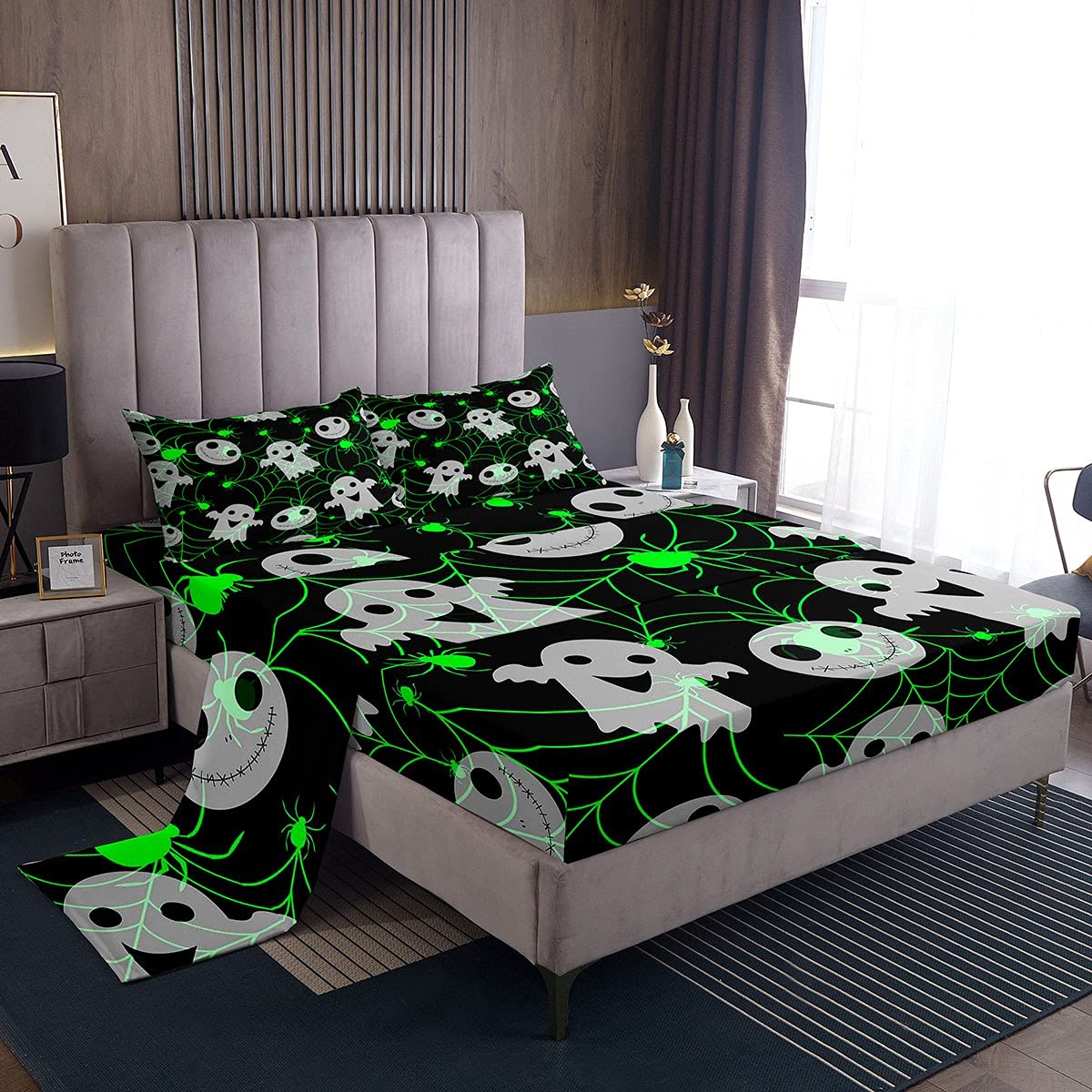 Feelyou Halloween Twin Size Bedding Set - Scary Spider Web Ghost Design, 3-Piece Green & Black Bed Sheet Set with Deep Pocket Fitted Sheet | Perfect for Kids' Room Decor, Halloween Party, and Spooky Themed Bedrooms