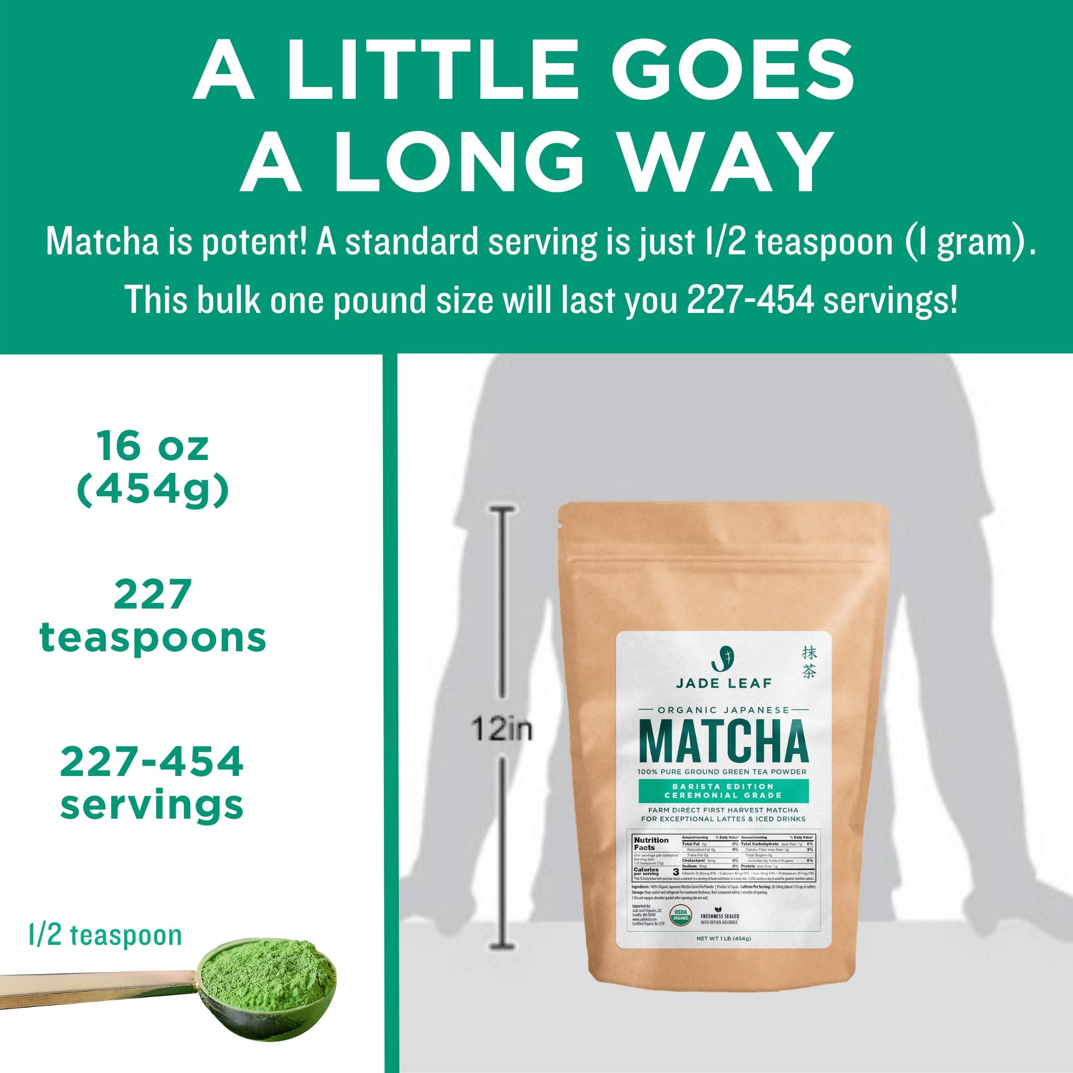 Premium Organic Ceremonial Grade Matcha Green Tea Powder - Authentic Japanese Origin - Barista Edition for Cafe Quality Tea & Lattes - 1 Pound Bulk (Ideal for Home Brewing, Smoothies, Baking & Wellness Drinks)