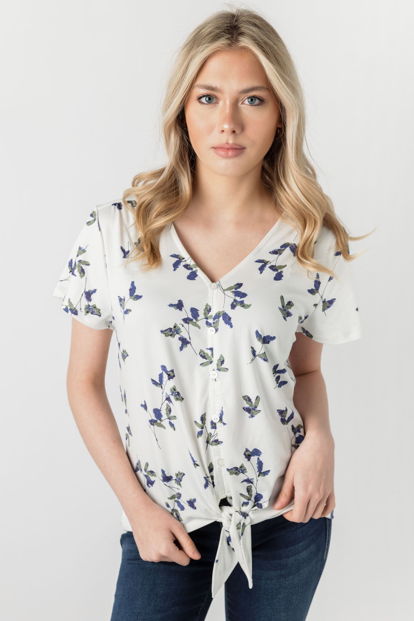 Floral Print Button Up Blouse with Tie Front - Women's Casual Chic Shirt for Work, Date Night & Spring Outfits