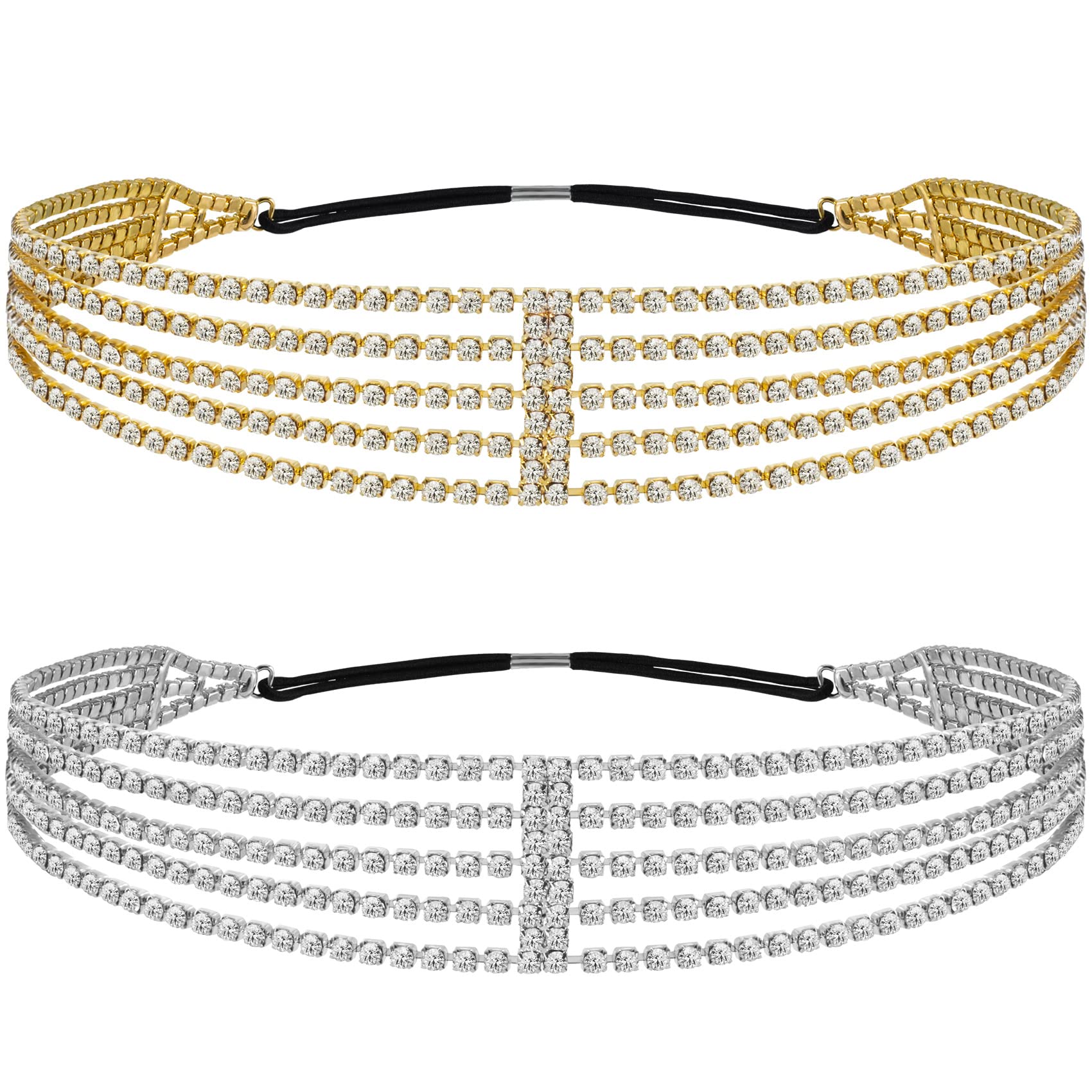 ANCIRS 2 Pack Adjustable Rhinestone Headbands for Women - Multi-Layered Stretchy Hair Accessories, Gold & Silver Bridal Hair Bands for Girls - Perfect for Weddings, Parties & Everyday Wear