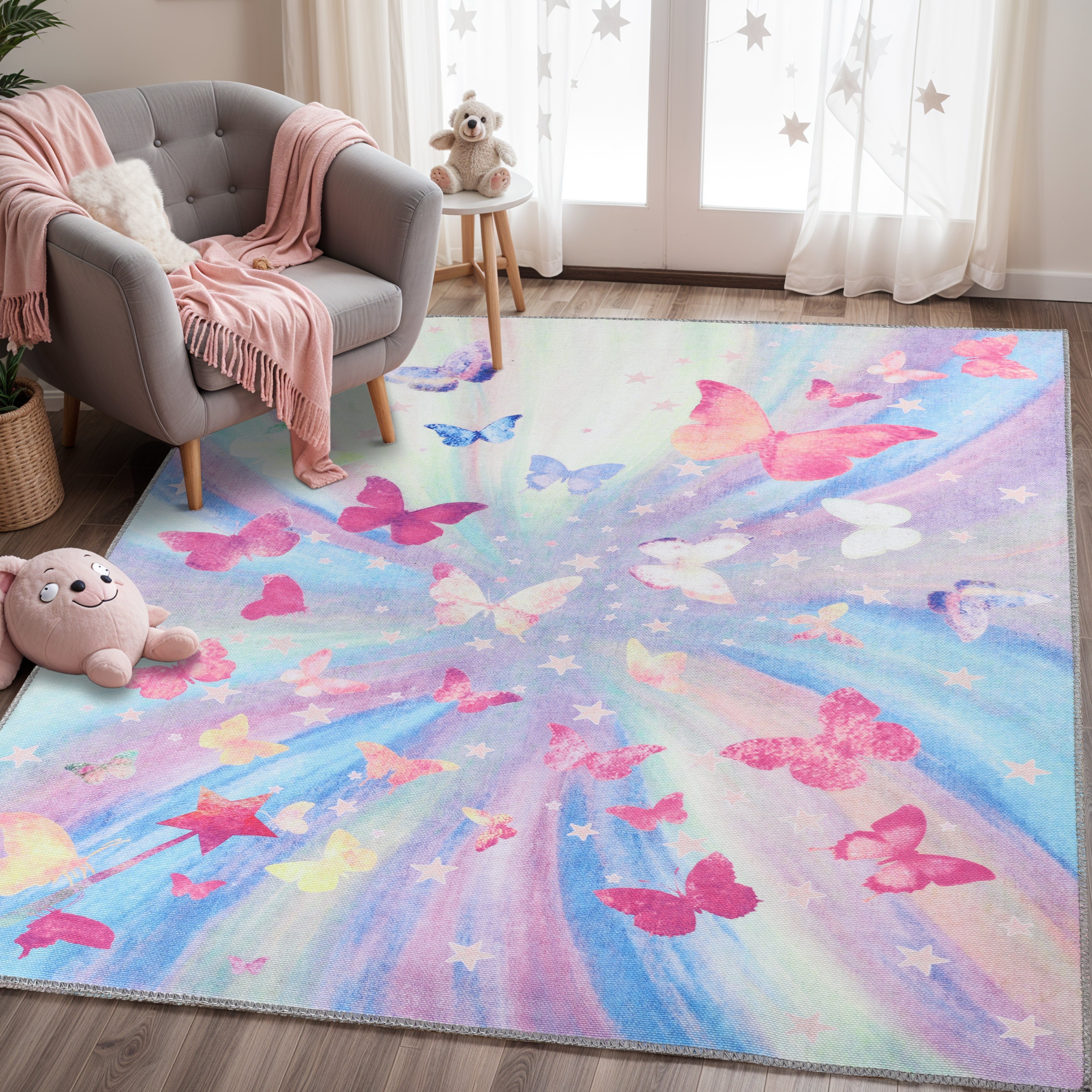 Non-Slip Butterfly Kids Playroom Rug - Washable Nursery Carpet for Toddlers & Children - Soft Indoor Floor Mat for Play Areas, Bedrooms & Daycare
