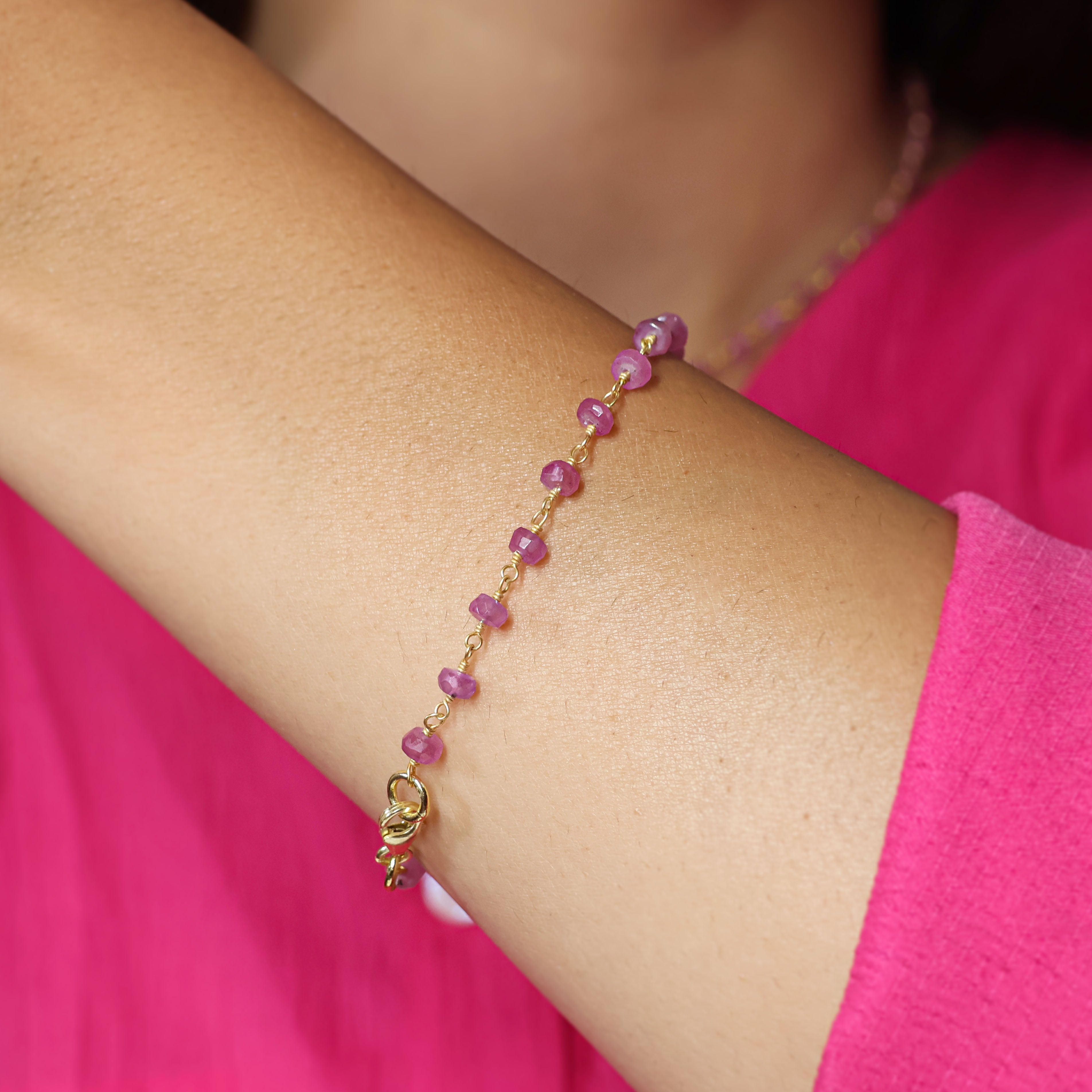 Natural Ruby Wire Wrap Beaded Bracelet - 14K Gold Filled Adjustable Bangle for Women - Boho Chic Jewelry for Everyday Wear, Gift Giving & Special Occasions