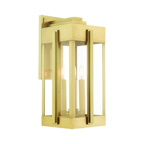 Livex Lighting Lexington 3-Light Natural Brass Outdoor Wall Lantern - Weatherproof Exterior Sconce for Porch, Patio & Entryway Lighting