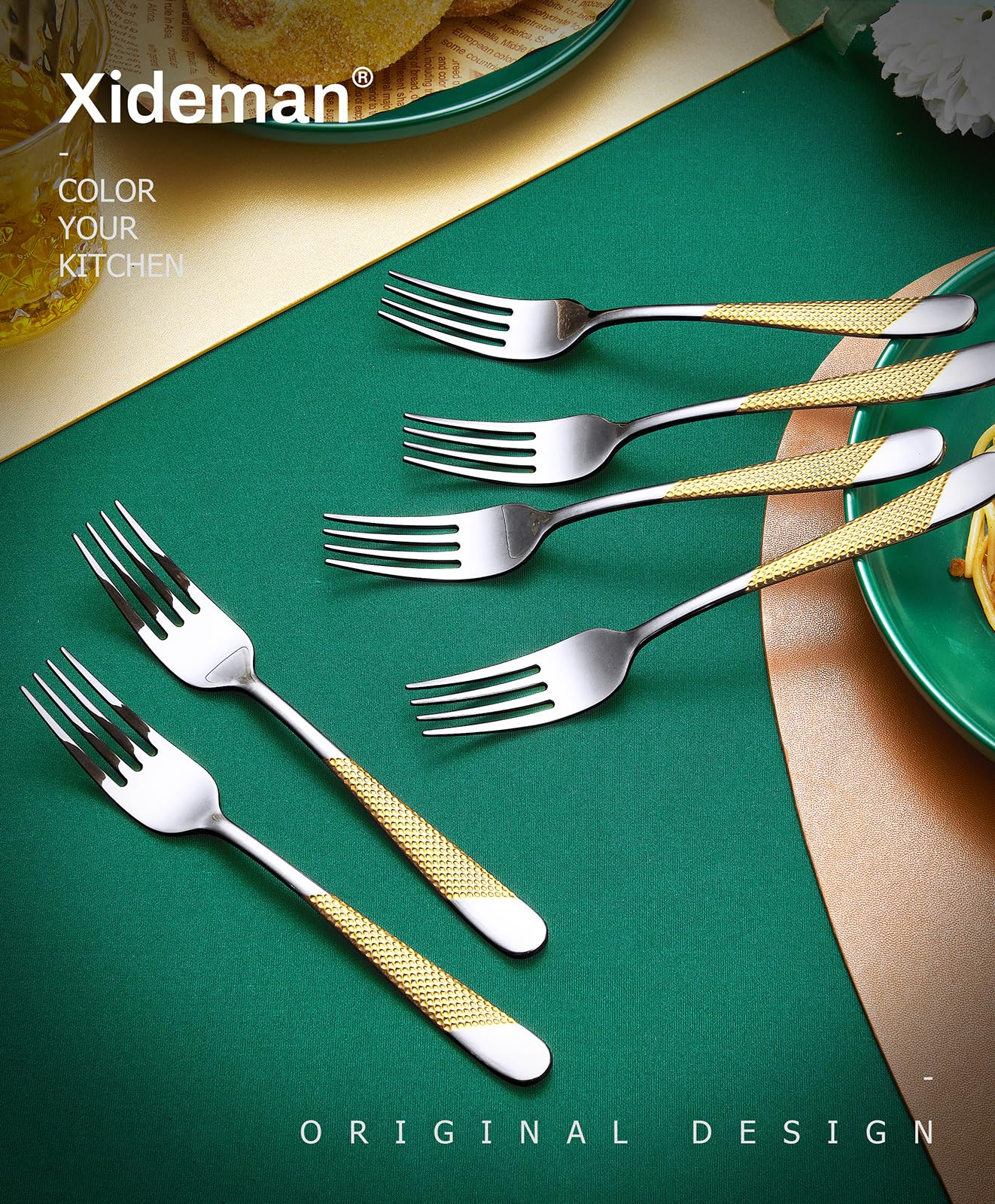 Xideman® 12-Piece Premium Hammered Salad Forks Set - 6.7 Inch 18/10 Stainless Steel Mirror Polished Silverware - Elegant Dessert Forks for Home Kitchen & Restaurant Use - Dishwasher Safe (Silver/Gold) - Perfect for Dinner Parties, Weddings & Catering Events