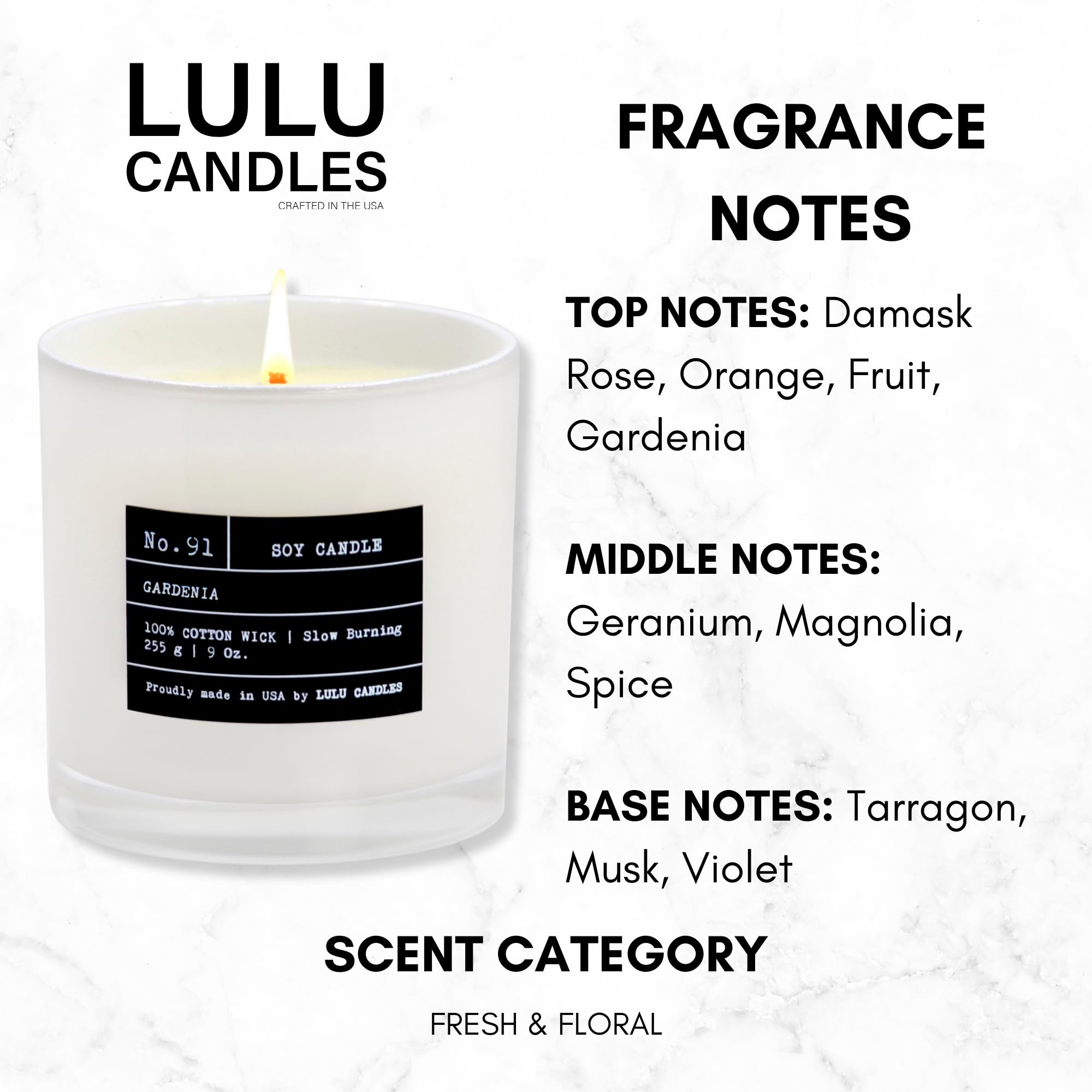 Lulu Candles - Premium Gardenia Scented Soy Wax Candle | Hand-Poured in USA | Long-Lasting 9oz Jar Candle for Home, Spa & Romantic Ambiance | Natural Soy Wax, Strong Fragrance, Eco-Friendly Gift