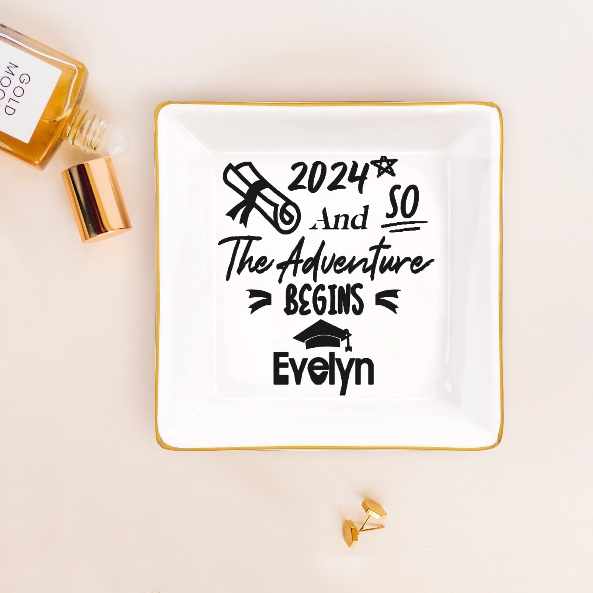 Personalized Graduation Gift for Women - Custom Engraved Ceramic Ring Dish with Inspirational Quote, Class of 2024 College & High School Graduation Present for Her - Perfect Jewelry Tray for Dorm Room, Bedside Table or Vanity Decor