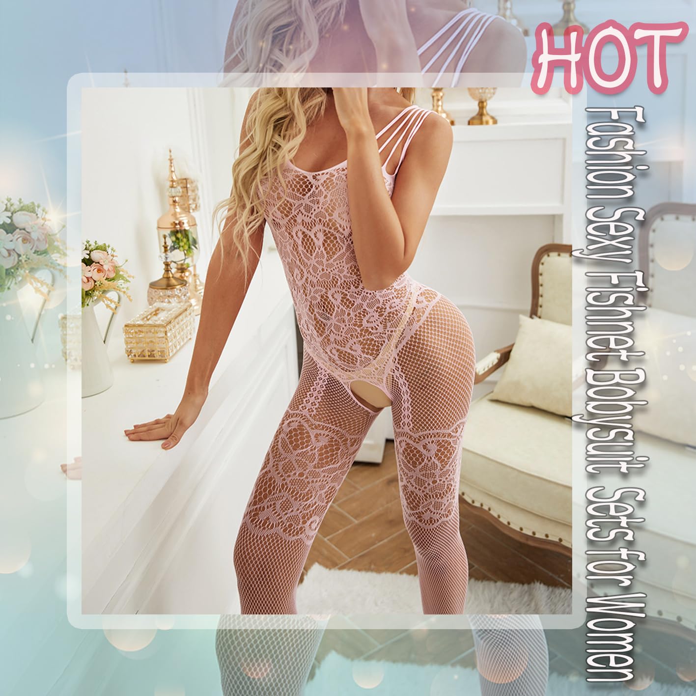 Mom & Myaboys Women's Fishnet Bodystocking with Attached Stockings - Sexy Crotchless Lingerie Bodysuit One-Piece Babydoll (One Size) for Date Night & Boudoir Photography