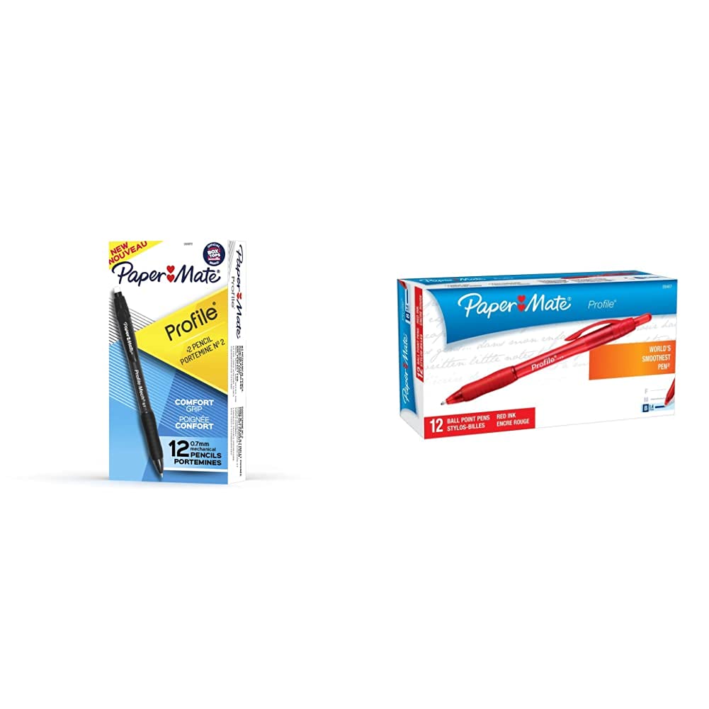 Paper Mate Profile Mechanical Pencils (0.5mm Lead) & Retractable Ballpoint Pens - 12 Count Each, Black Barrels & Bold Red Ink - Perfect for School, Office & Note Taking Supplies