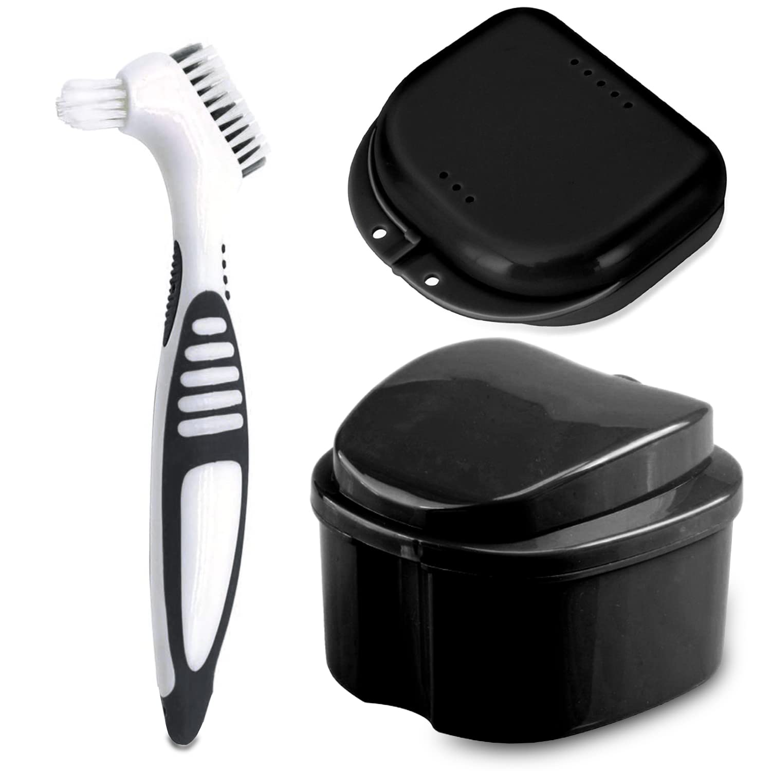 Premium Denture Bath Case with Cleaner Brush & Retainer Holder Box - Complete Cleaning Solution for Dentures, Clear Braces, Mouth Guards, Night Guards & Retainers - Travel-Friendly Dental Care Organizer (Black) - Perfect for Home Use & Travel Accessories