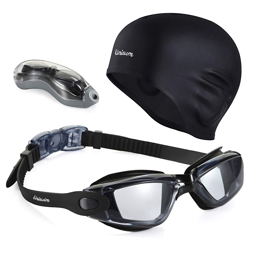 Anti-Fog Swimming Goggles & Silicone Swim Cap Set for Adults - UV Protection Swim Glasses & Comfortable Swim Hat Pack for Pool, Beach & Training