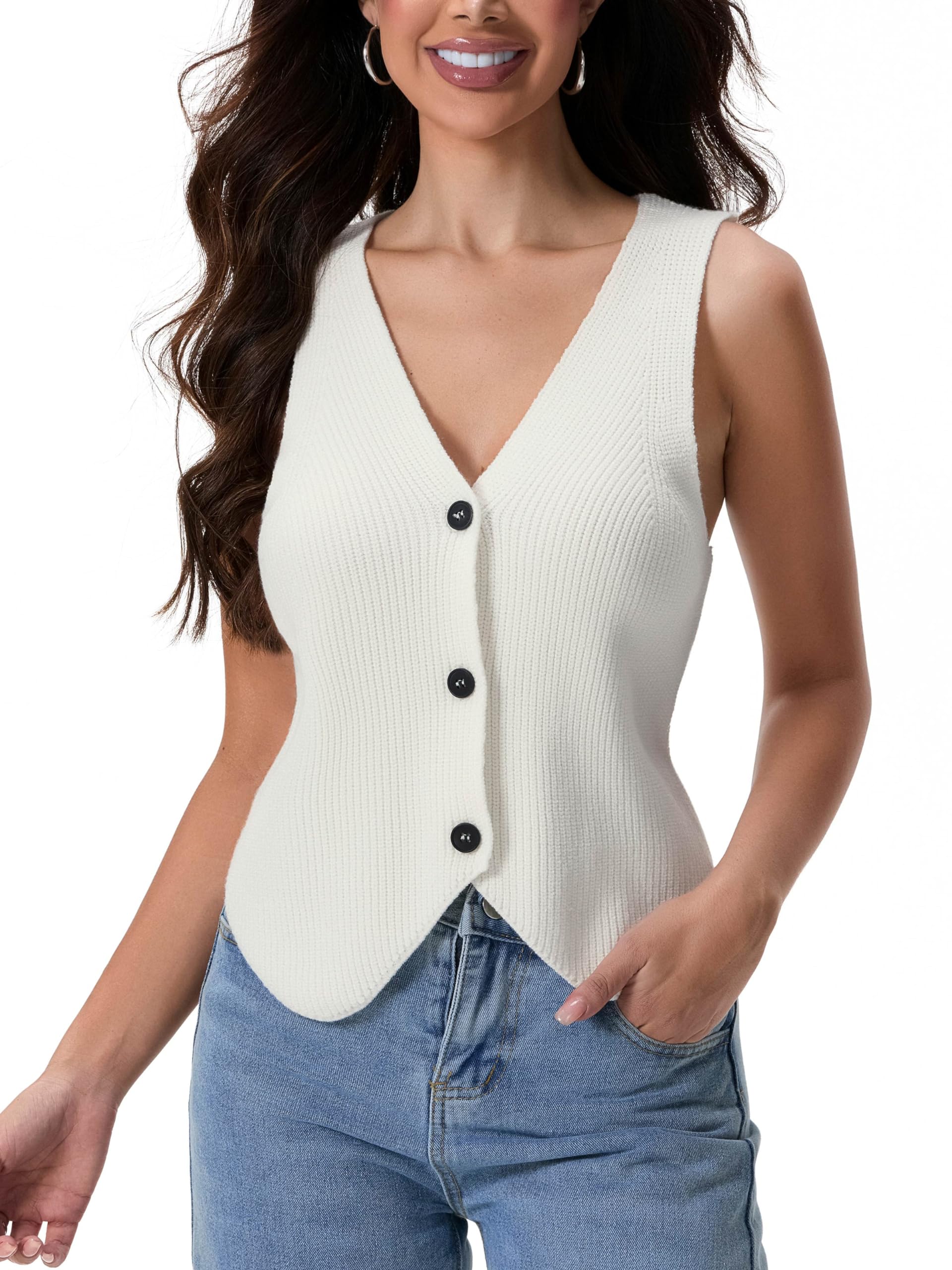 Women's Y2K Trendy Knit Button-Up Vest Sweater - Crochet Summer Top for Casual Outings & Layering with Jeans | Perfect for Brunch, Beach Trips & Street Style Fashion