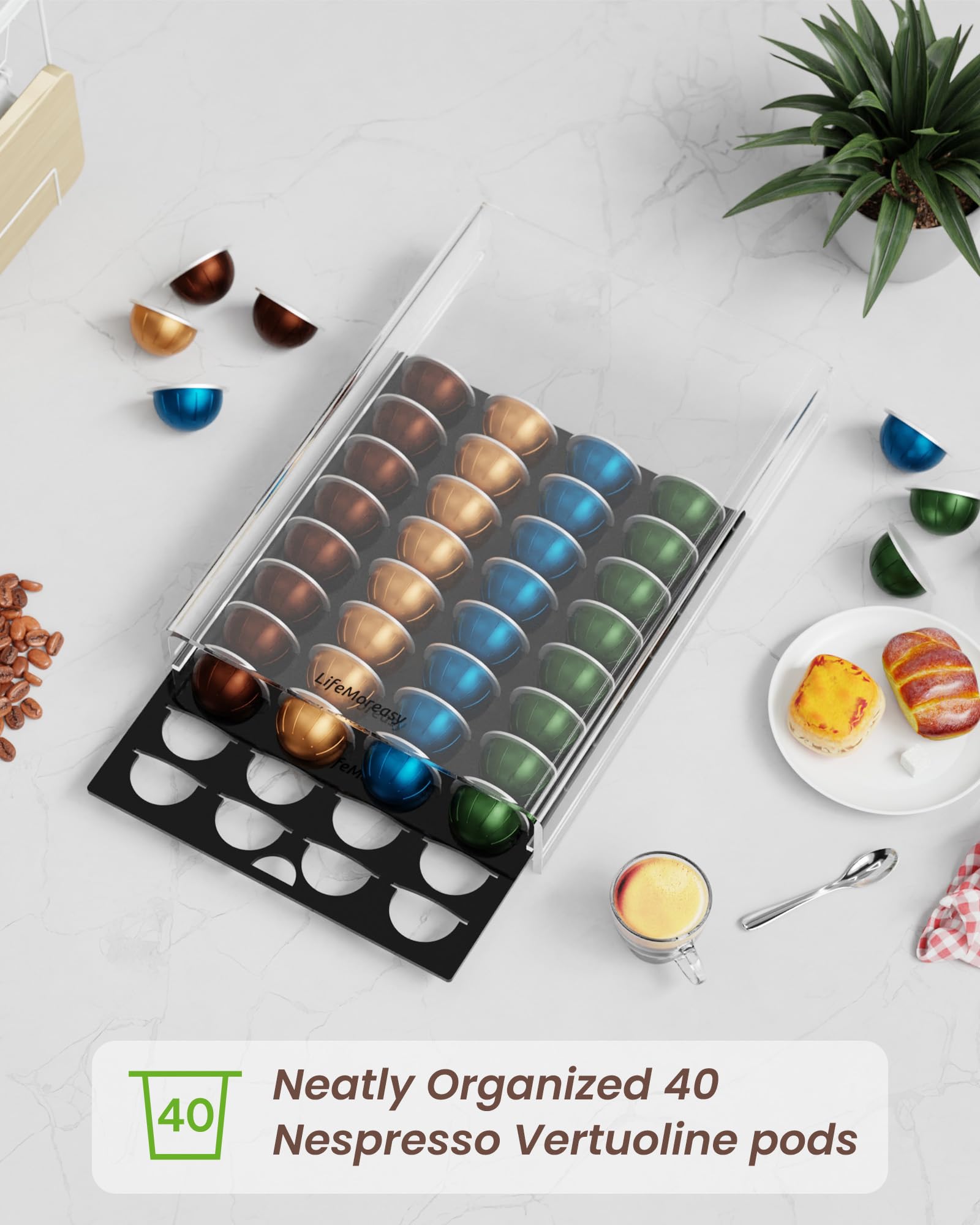 Acrylic Coffee Pod Organizer for Nespresso Vertuo - Holds 40 Capsules, Countertop Storage Drawer for Coffee Pods - Perfect for Kitchen, Office & Home Bar Organization