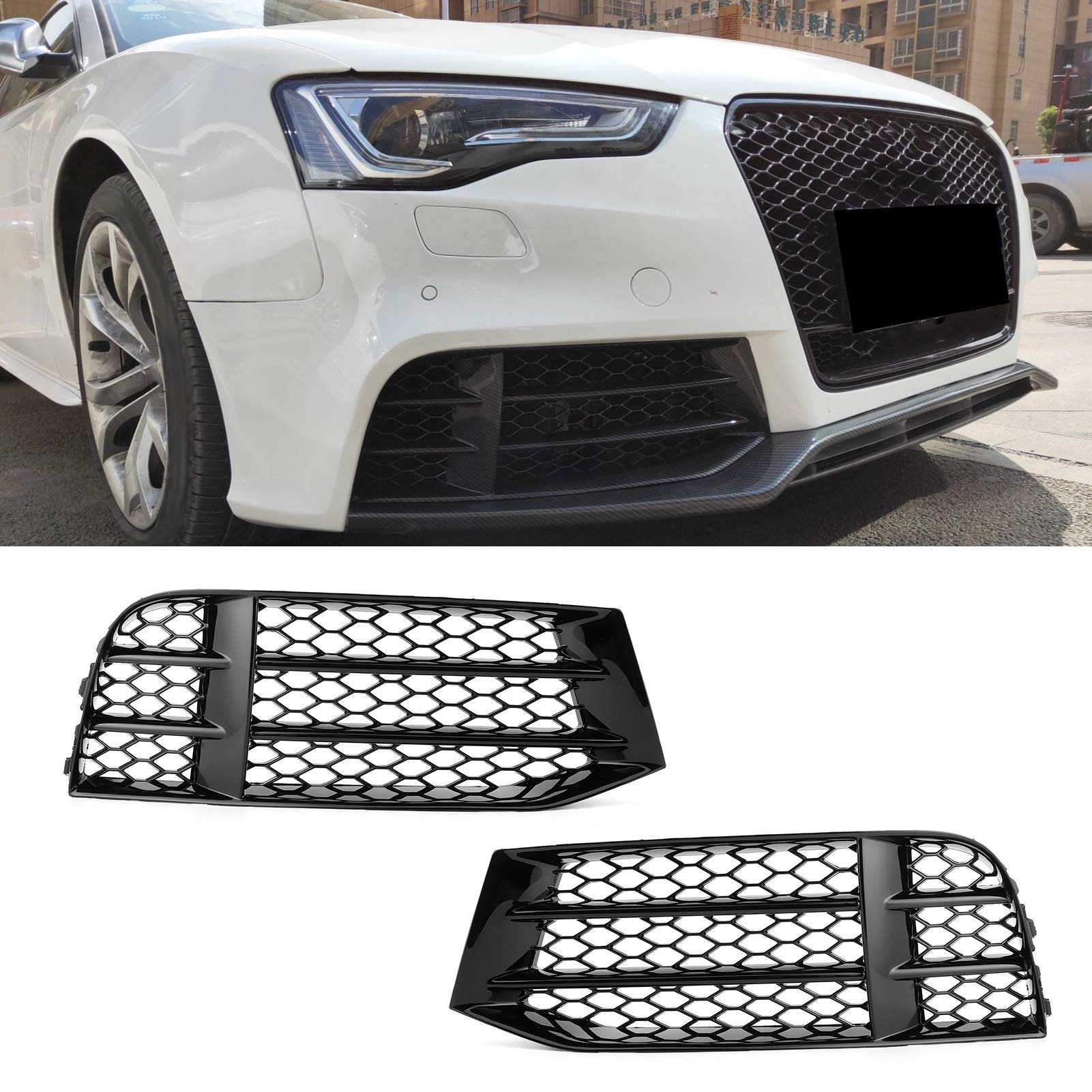 Glossy Black Honeycomb Mesh Fog Light Grilles Cover Trim for Audi RS5 B8.5 (2013-2016) - Front Bumper Lower Grille Replacement - Enhances Style & Protection for Daily Driving & Performance Use