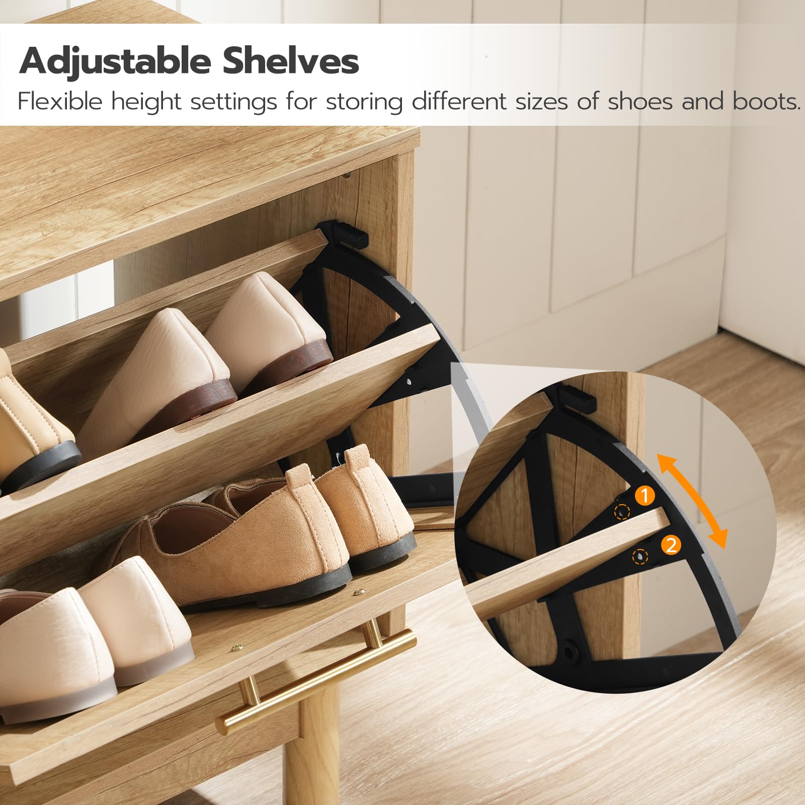 HOOBRO Shoe Storage Bench with Flip Drawers - Rattan-Like Entryway Shoe Rack & Cabinet - Narrow Wooden Shoe Organizer for Hallway, Living Room & Bedroom - Natural Finish NL51HX01
