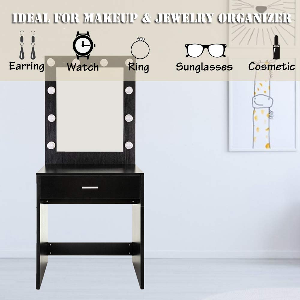 Modern LED Vanity Set with Lighted Mirror & 10 Bulbs - Makeup Dressing Table with Large Drawer, Black Makeup Desk for Bedroom | Perfect for Beauty Routines & Home Decor (Warm White Light)