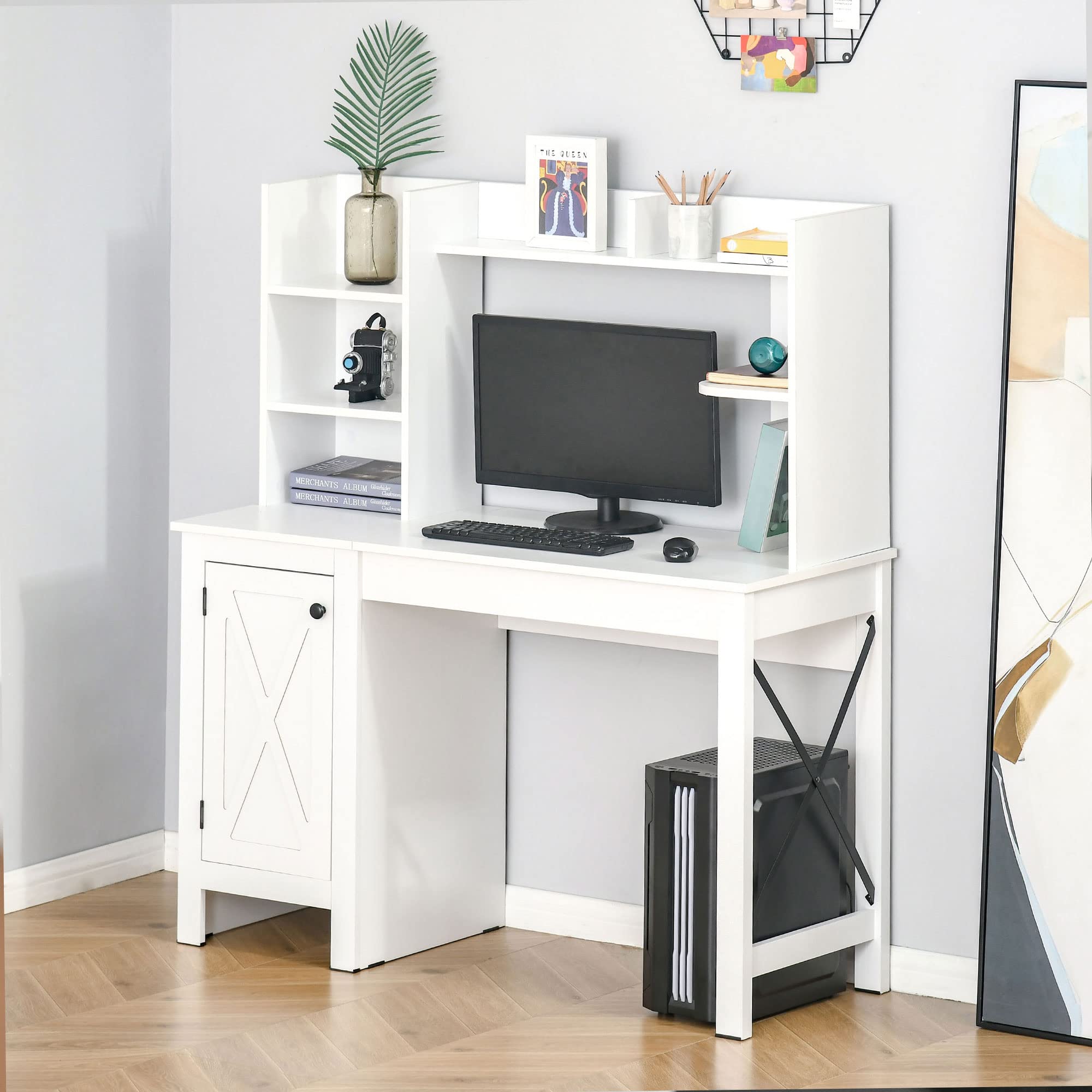 HOMCOM Farmhouse Style Computer Desk with Hutch and Cabinet - White Home Office Desk with Storage Shelf, Study Writing Table for Small Spaces | Perfect for Home Office, Dorm Room & Workspace Organization