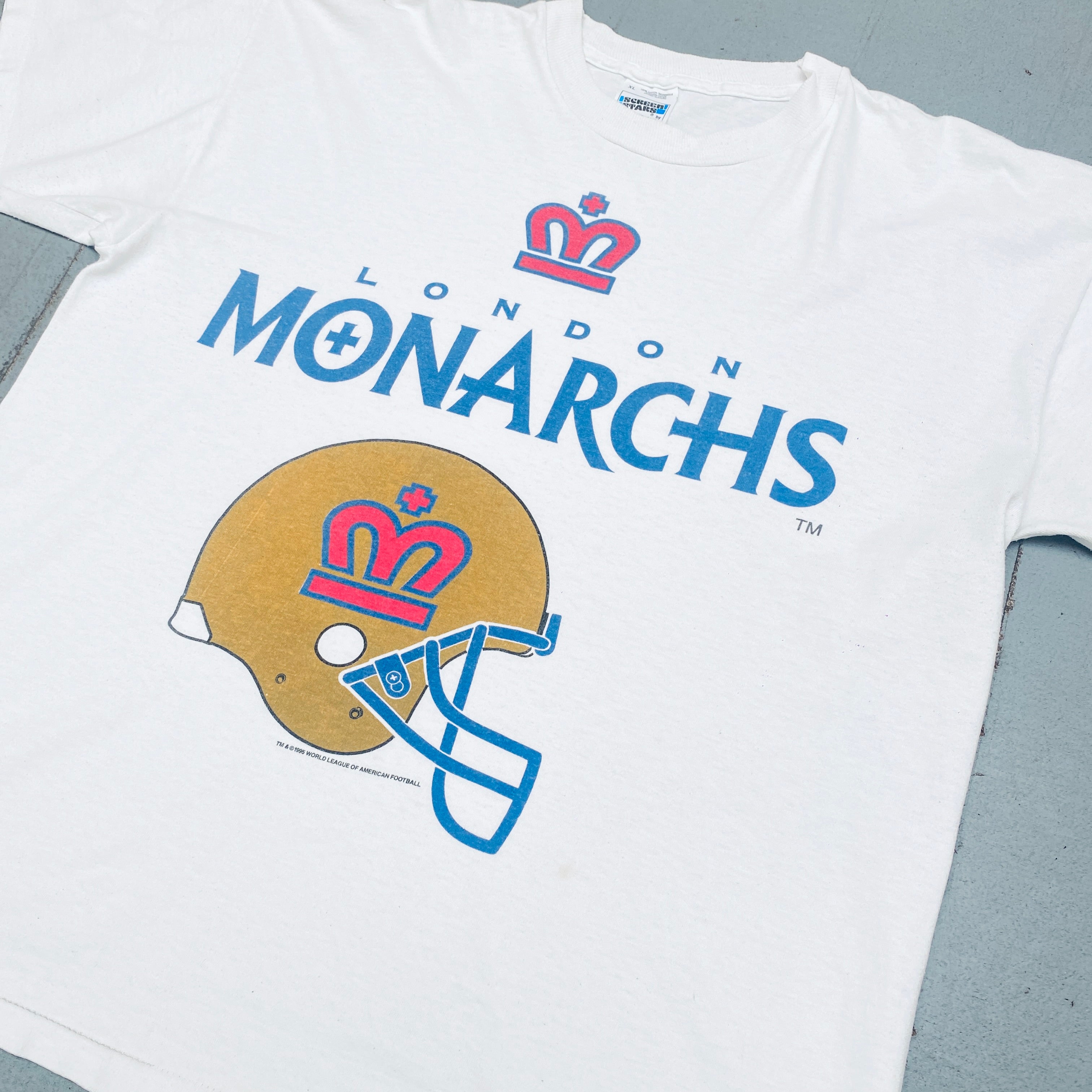WLAF: Vintage 1995 London Monarchs Graphic Spellout T-Shirt (XL) - Retro Football Fan Gift & Throwback Sports Apparel