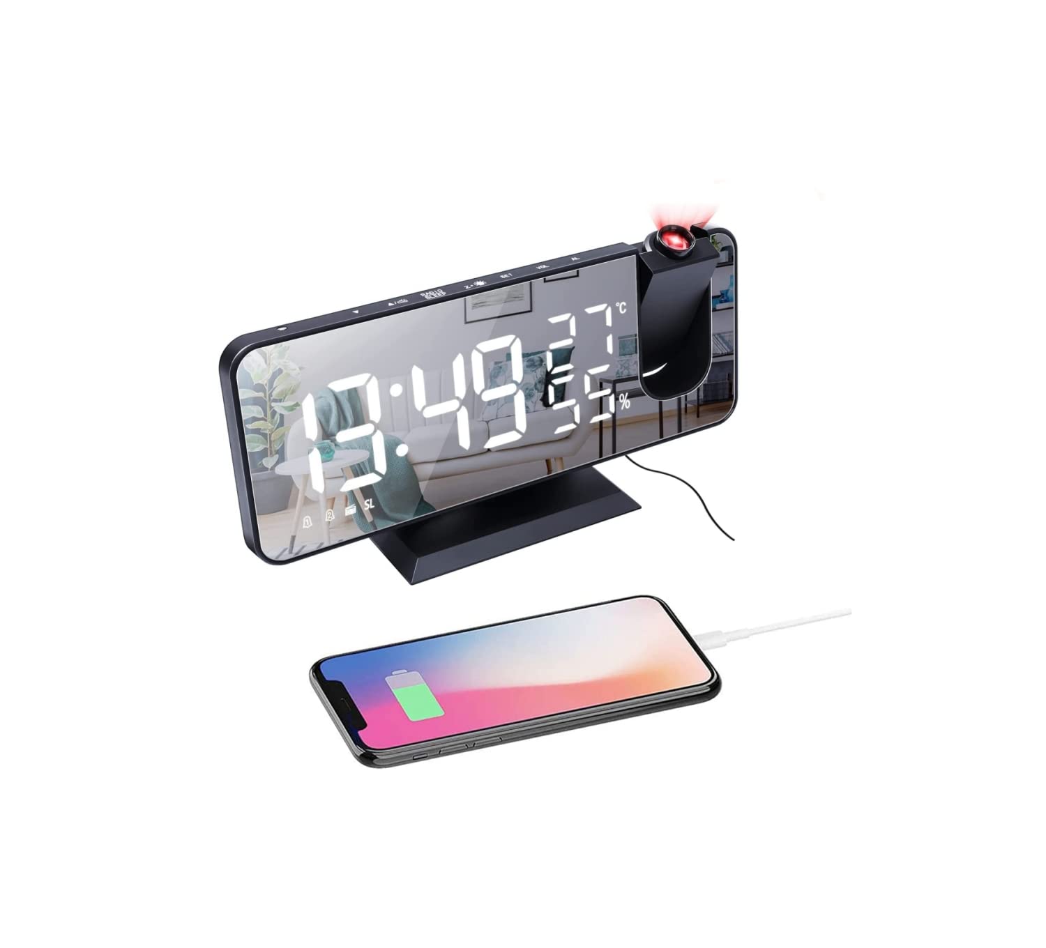 Petilleur Digital Projection Alarm Clock with USB Charger, Dual Alarm, LED Display & Ceiling Projection - Perfect for Bedroom, Office, and Travel (Black)
