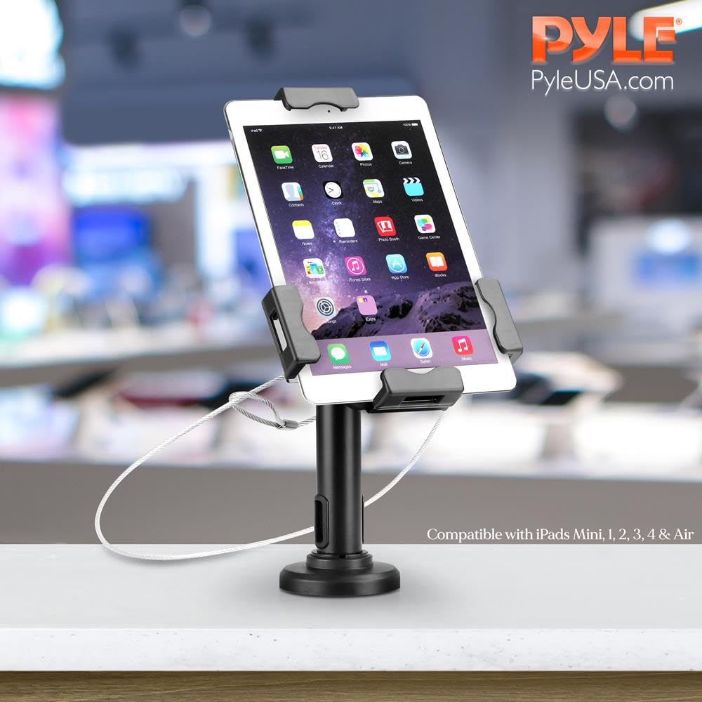 Pyle PSPADLK8 Anti-Theft Tablet Security Stand Kiosk - Adjustable Locking Desktop Tablet Holder with Cable Management for iPad, Kindle, Samsung & Android Tablets - Perfect for Retail Stores, Libraries & Public Kiosks