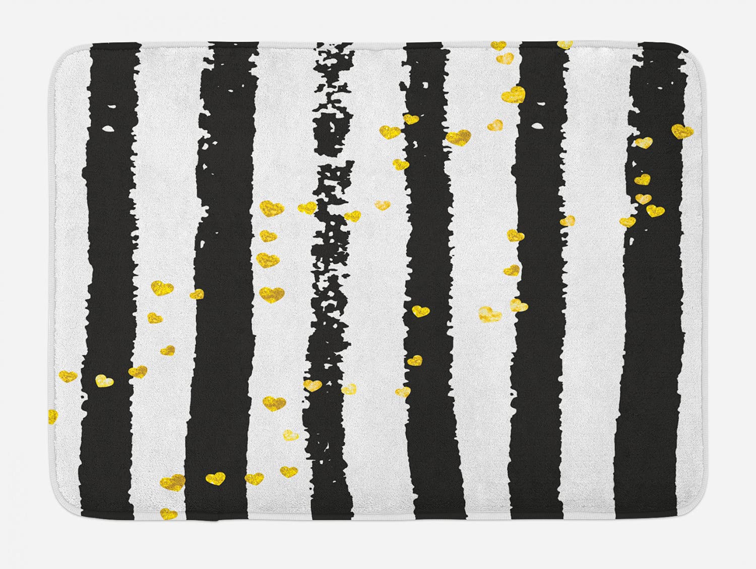 Ambesonne Abstract Bath Mat with Vertical Stripes & Golden Yellow Heart Shapes - Non-Slip Plush Bathroom Rug, 29.5x17.5 Inches, Charcoal Grey Earth Yellow White - Perfect for Modern Bathrooms, Guest Suites & Spa Retreats