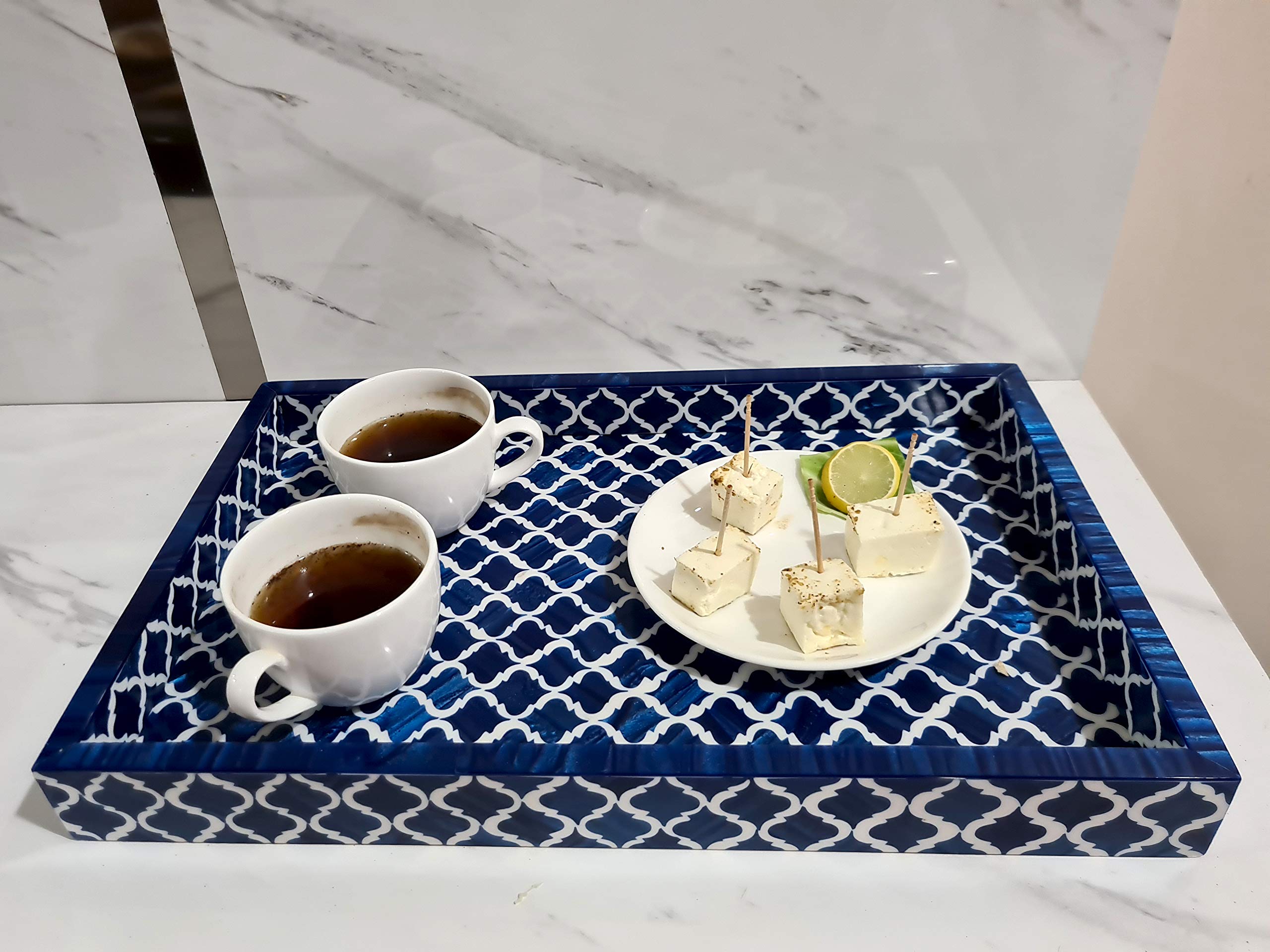 Handcrafted Blue & White Moorish Moroccan Bone Inlay Serving Tray - Multipurpose Decorative Tray for Breakfast, Tea, Coffee & Snacks - Perfect for Home Decor, Dining, and Gift Giving