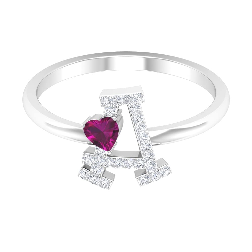 Rhodolite and Diamond Rings for Women - 14K White Gold A-Z Initial Letter Rings with Heart Design | Personalized Alphabet Jewelry for Gifts, Anniversaries & Special Occasions